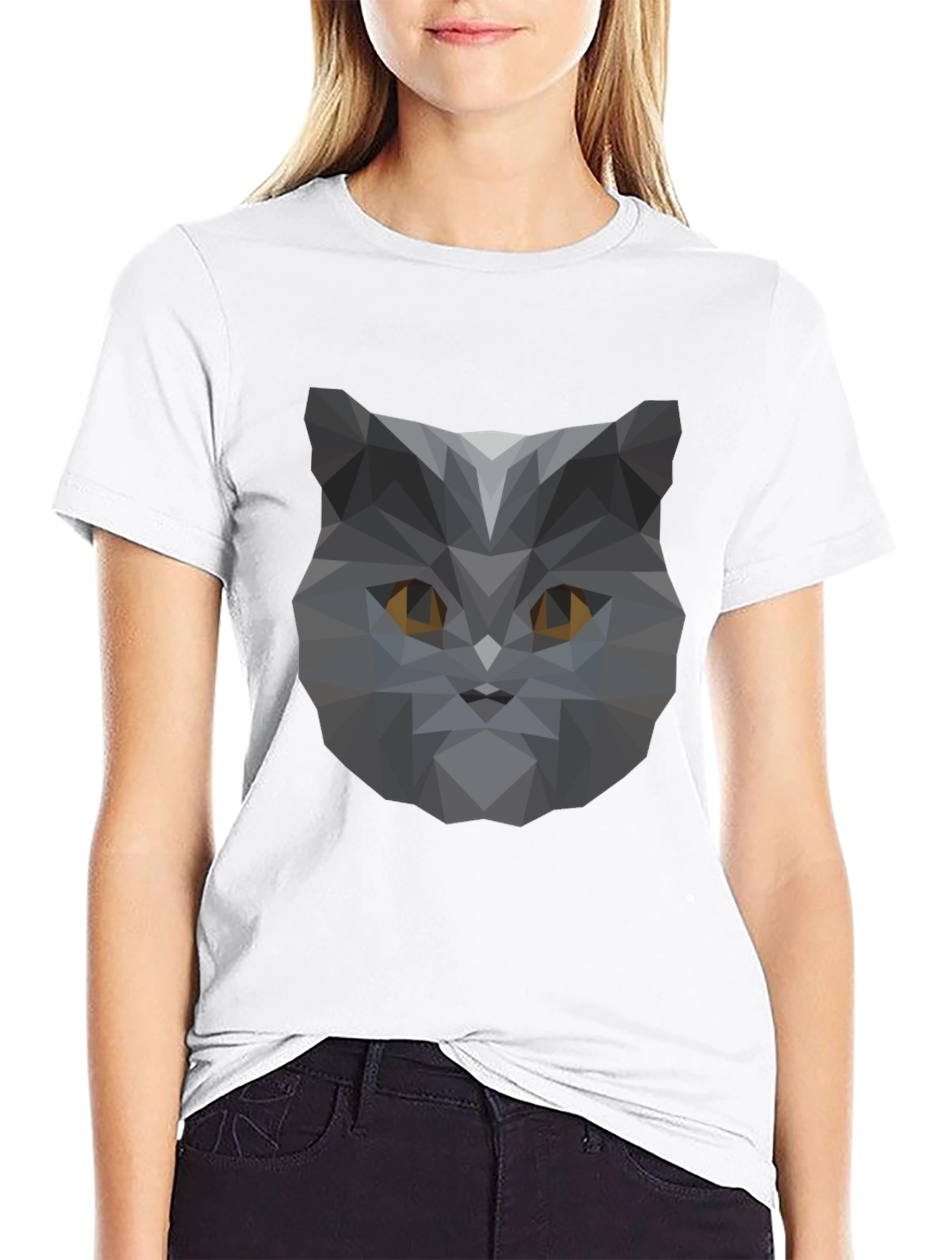 Geometric Cat Head Graphic Black T-Shirt