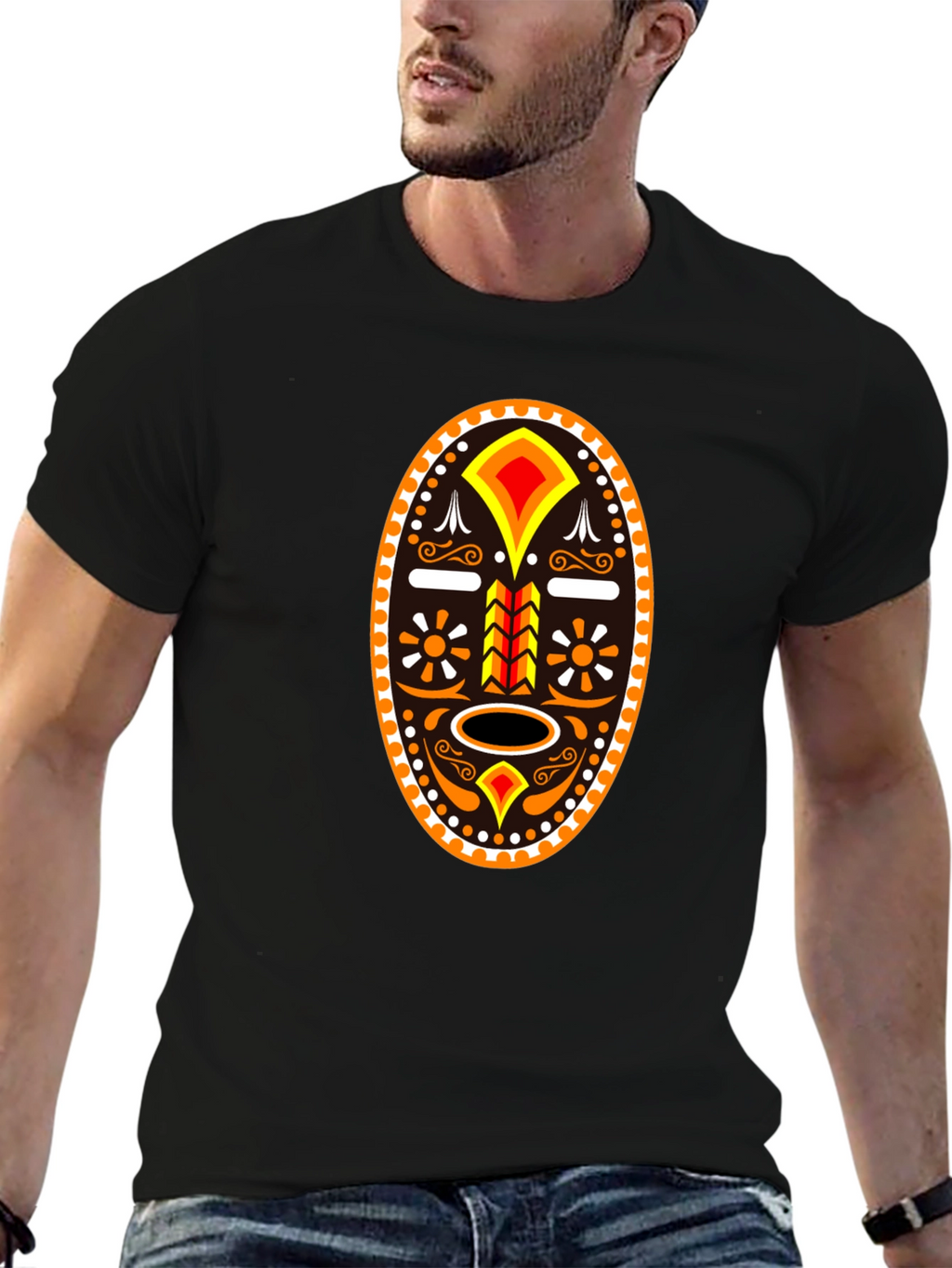 Tribal Mask Graphic T-Shirt - Black