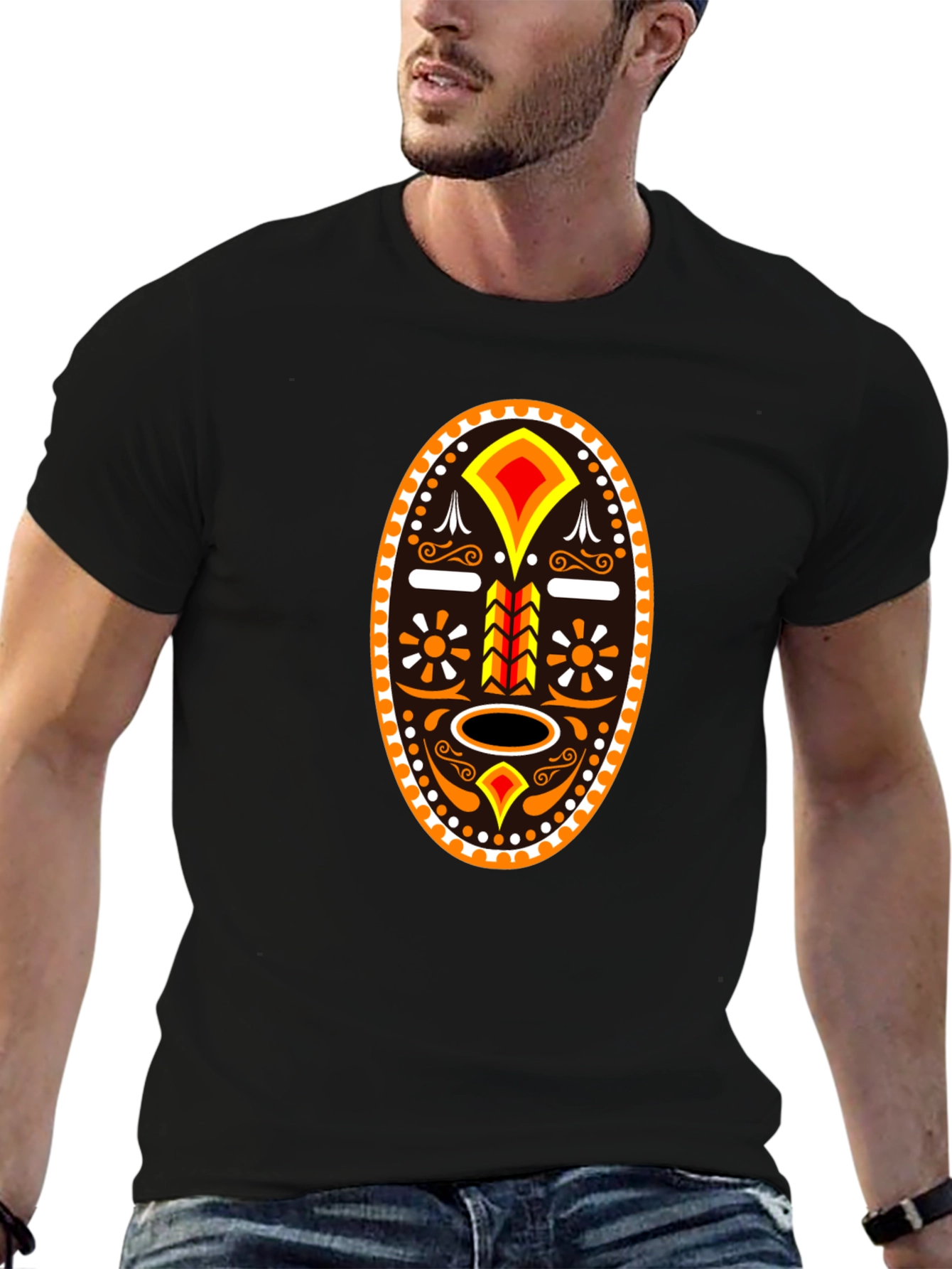 Tribal Mask Graphic T-Shirt - Black