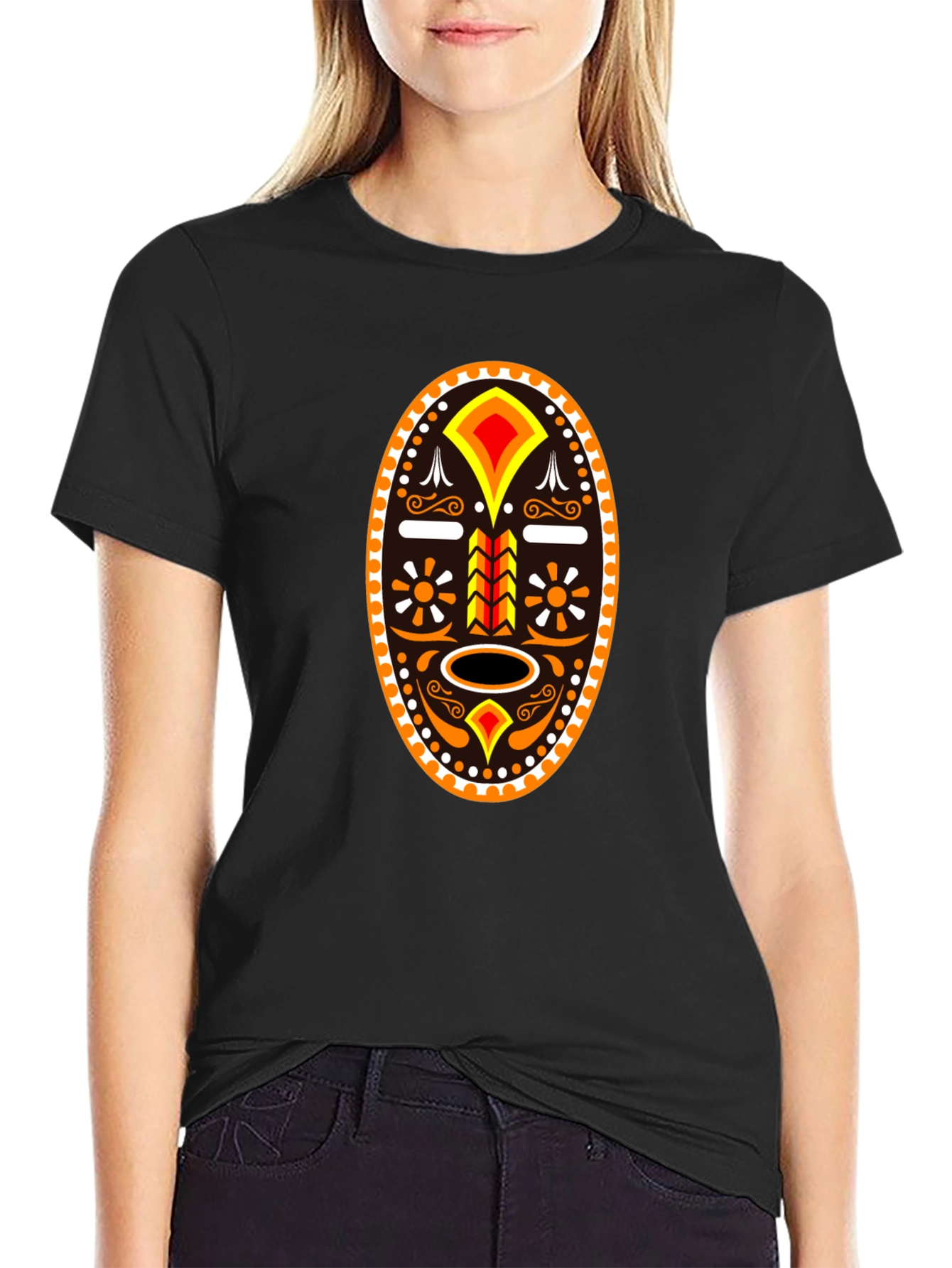 Tribal Mask Graphic T-Shirt - Black