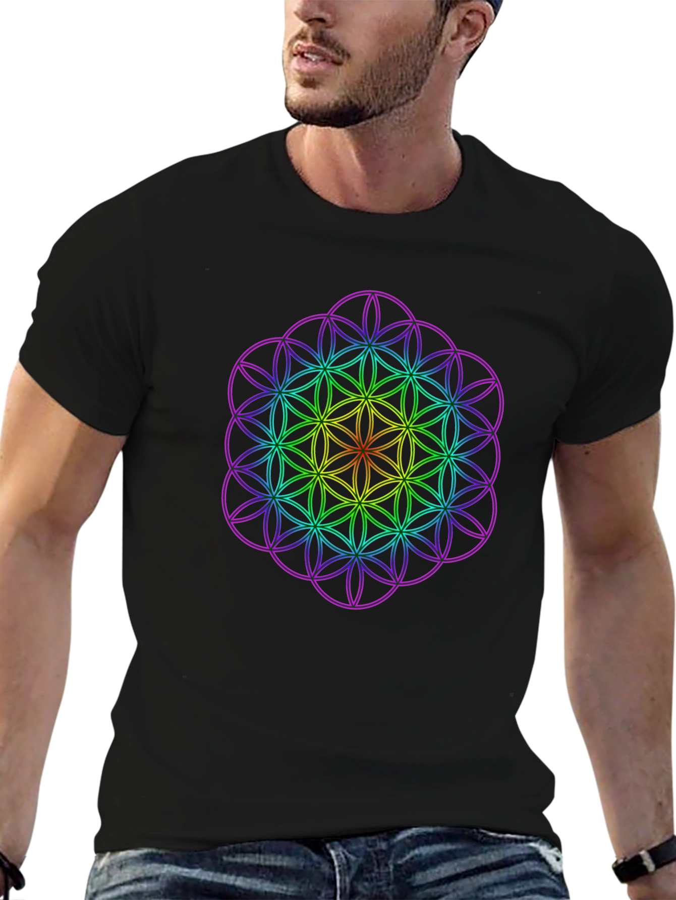 Geometric Rainbow Flower of Life Mens T-Shirt