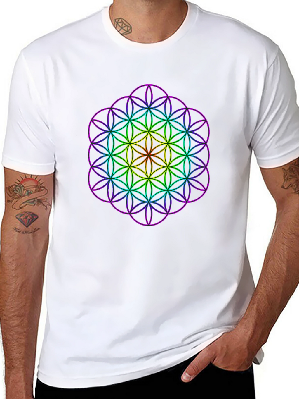 Geometric Rainbow Flower of Life Mens T-Shirt