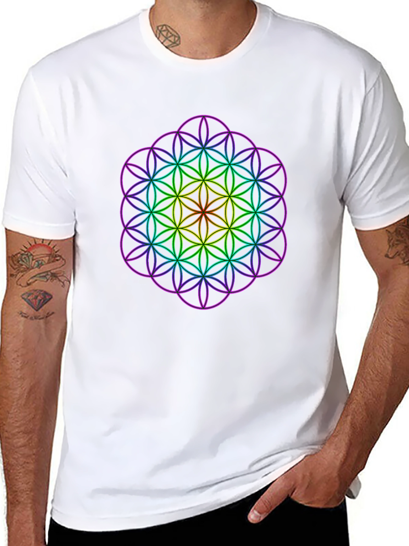 Geometric Rainbow Flower of Life Mens T-Shirt