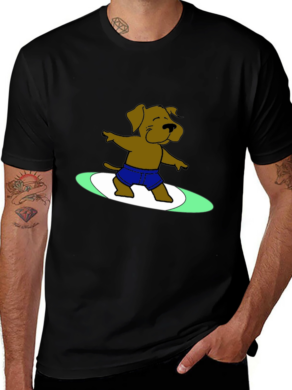 Surfing Dog Graphic Tee - Cool Black T-Shirt