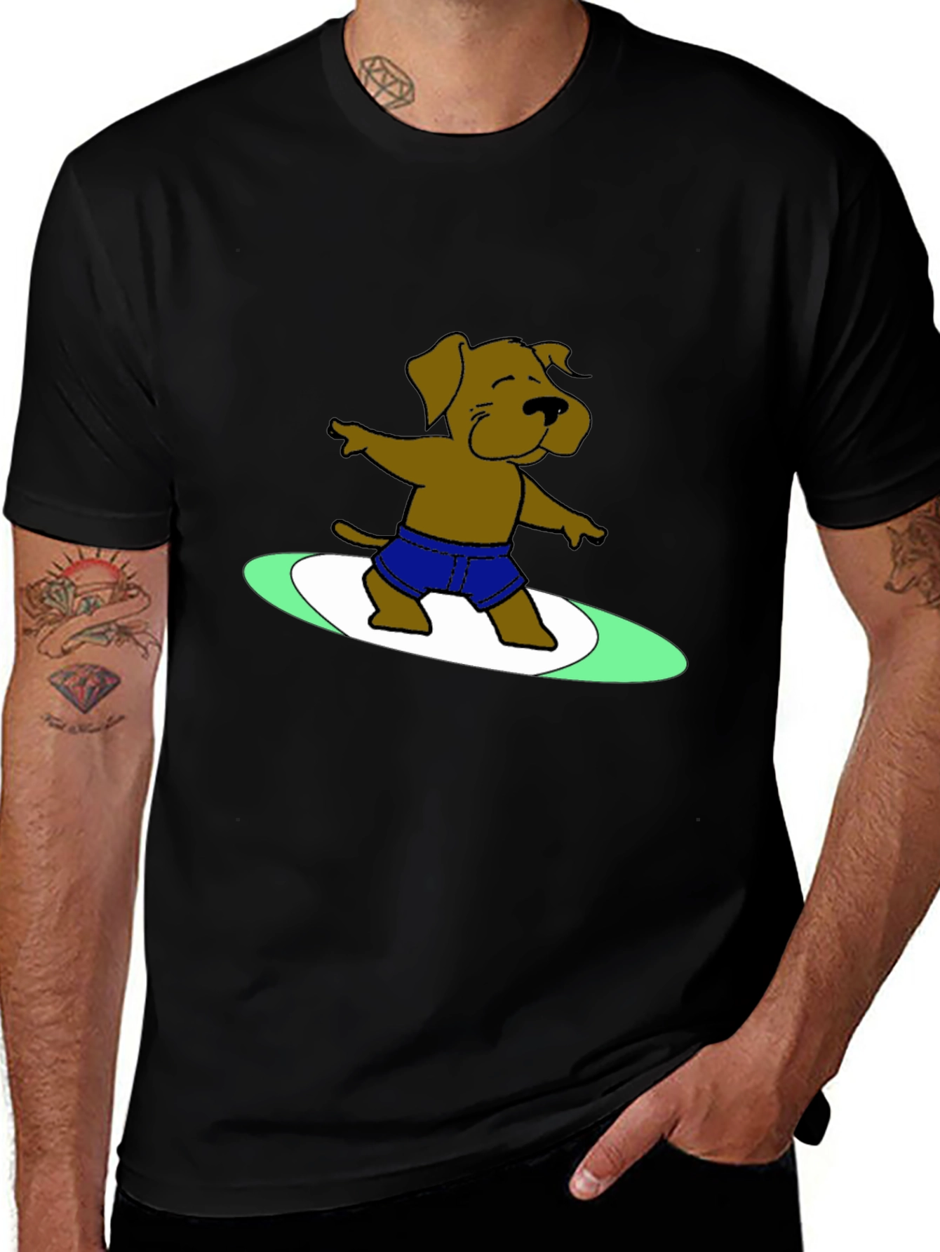 Surfing Dog Graphic Tee - Cool Black T-Shirt