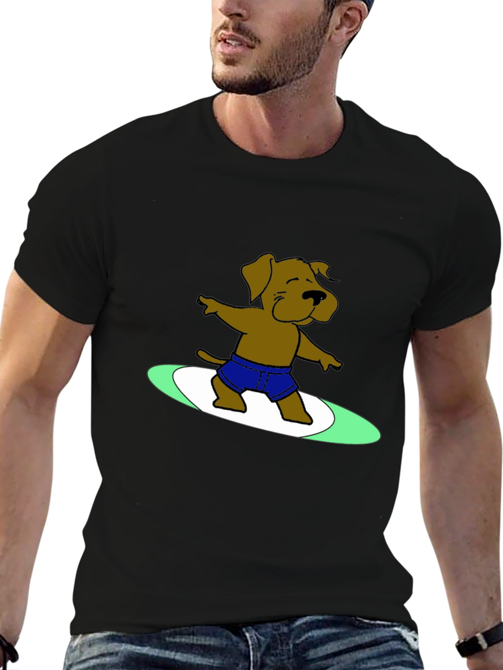 Surfing Dog Graphic Tee - Cool Black T-Shirt
