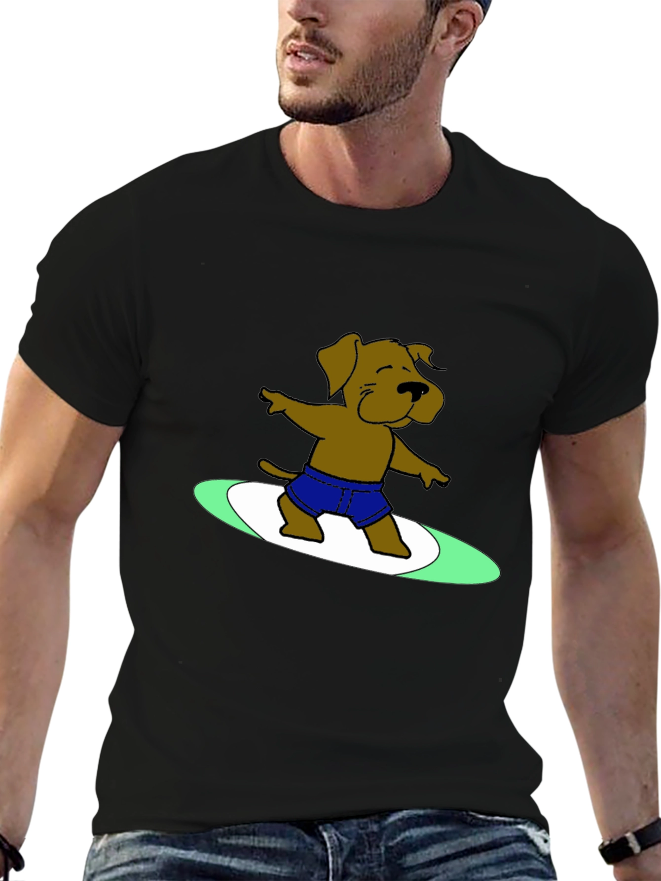 Surfing Dog Graphic Tee - Cool Black T-Shirt