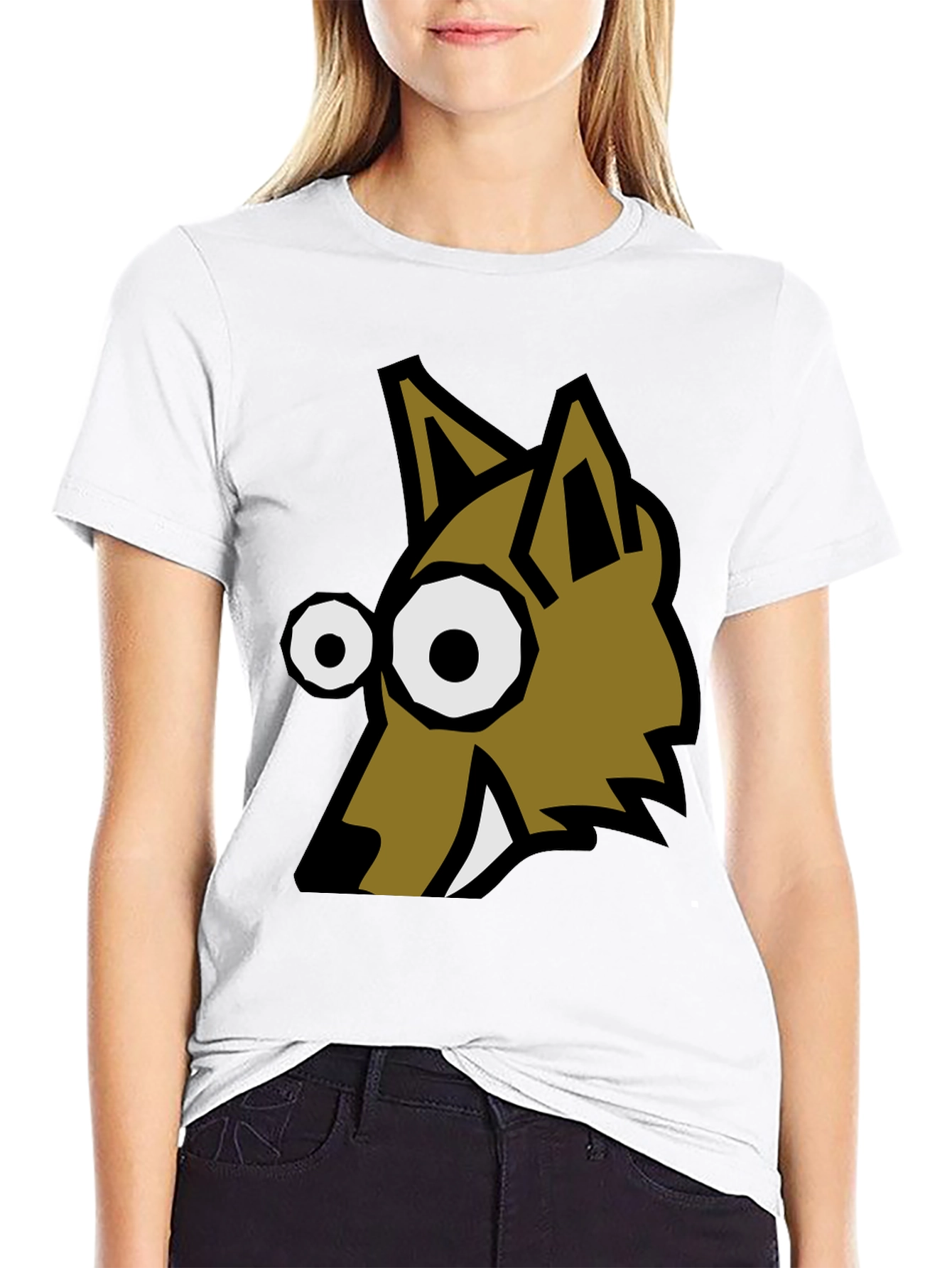 Cartoon Wolf Graphic Tee - Black Crew Neck T-Shirt