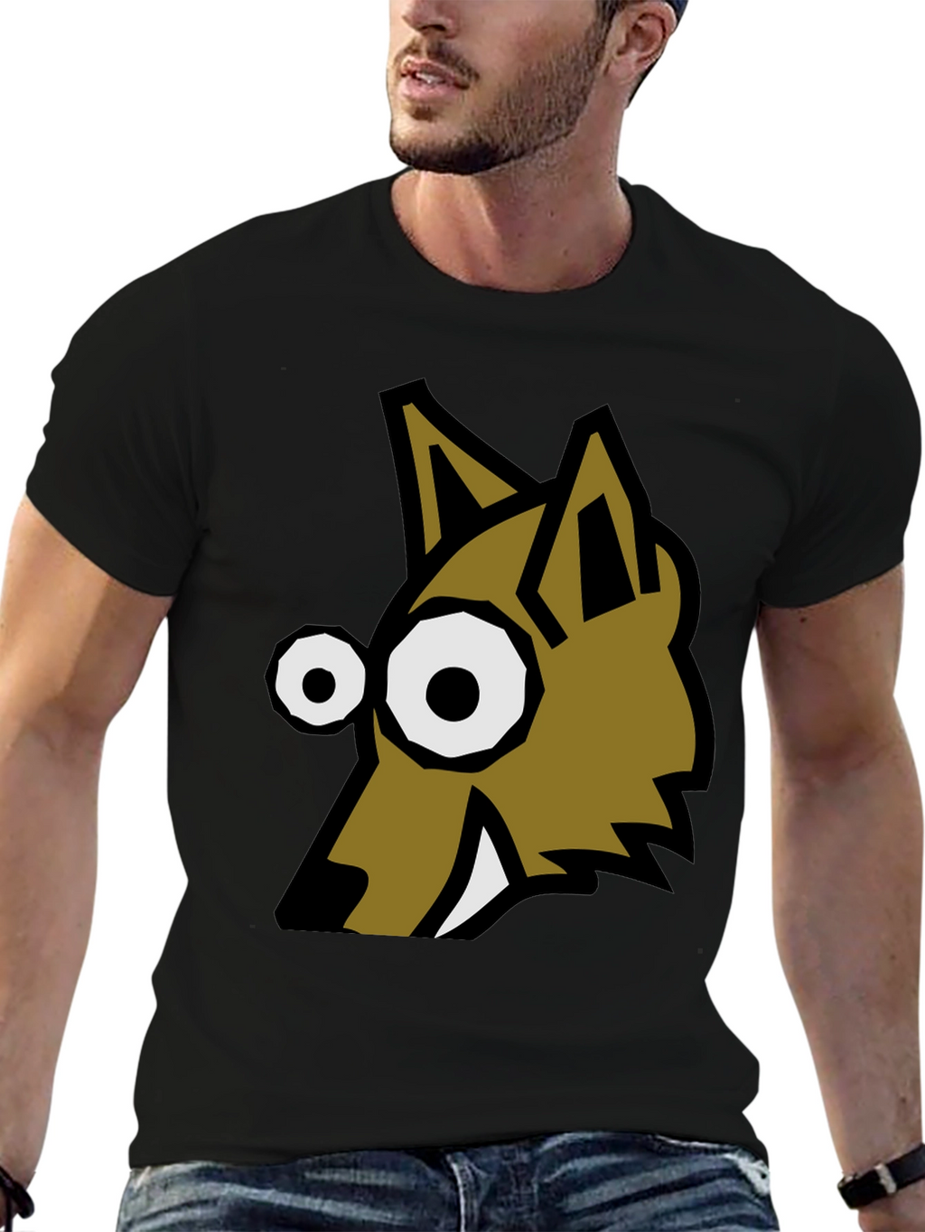 Cartoon Wolf Graphic Tee - Black Crew Neck T-Shirt