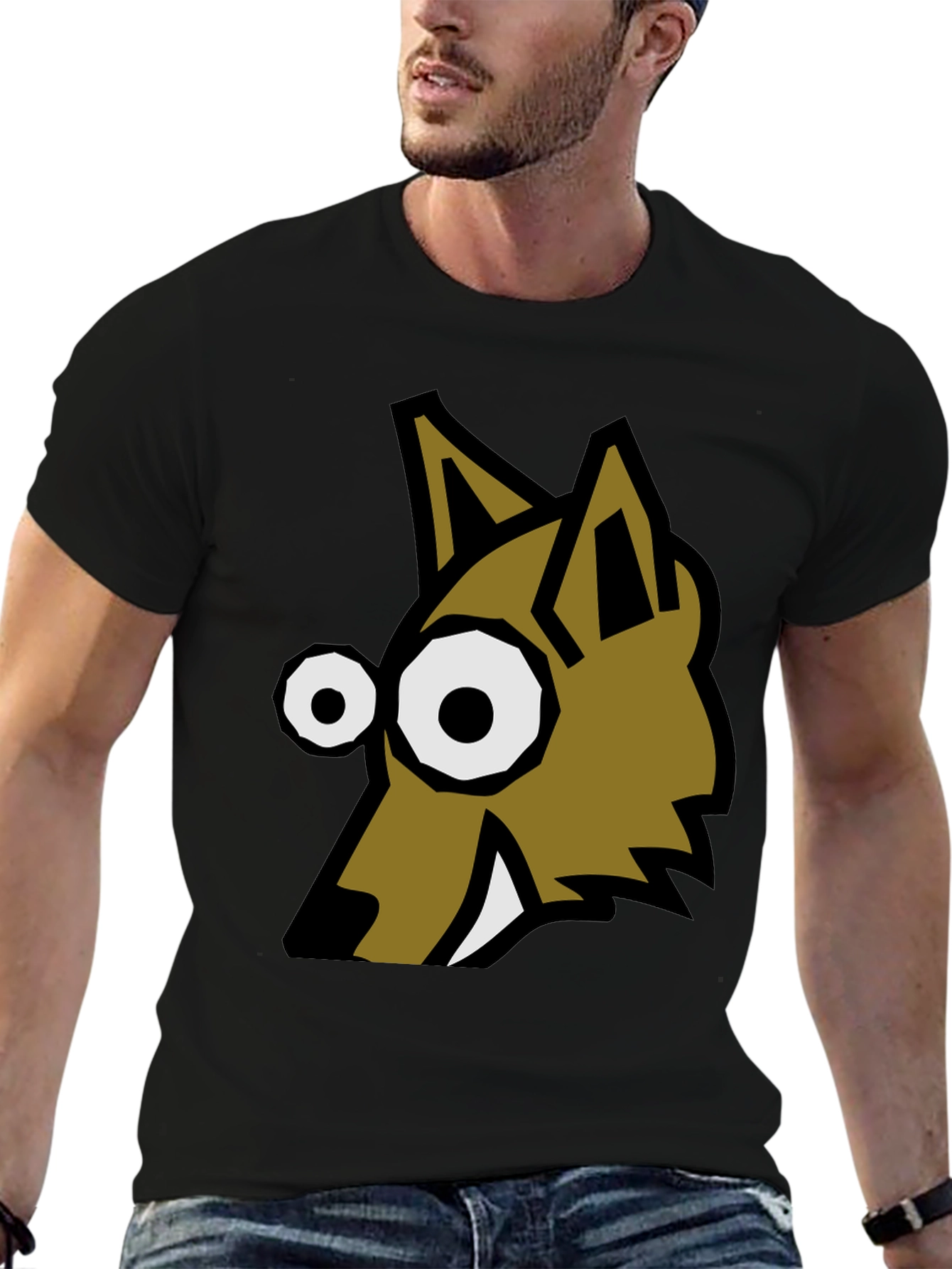 Cartoon Wolf Graphic Tee - Black Crew Neck T-Shirt