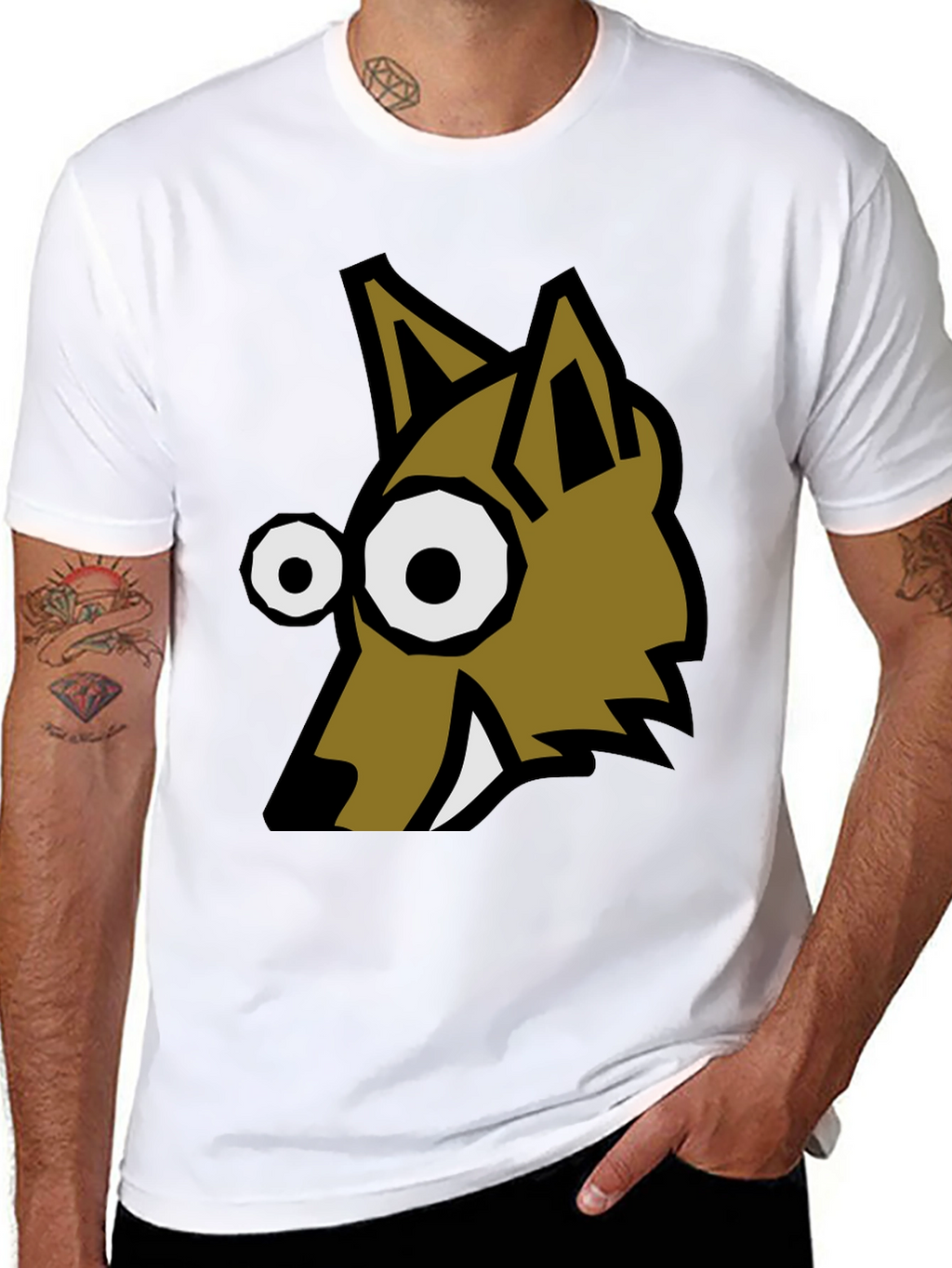 Cartoon Wolf Graphic Tee - Black Crew Neck T-Shirt