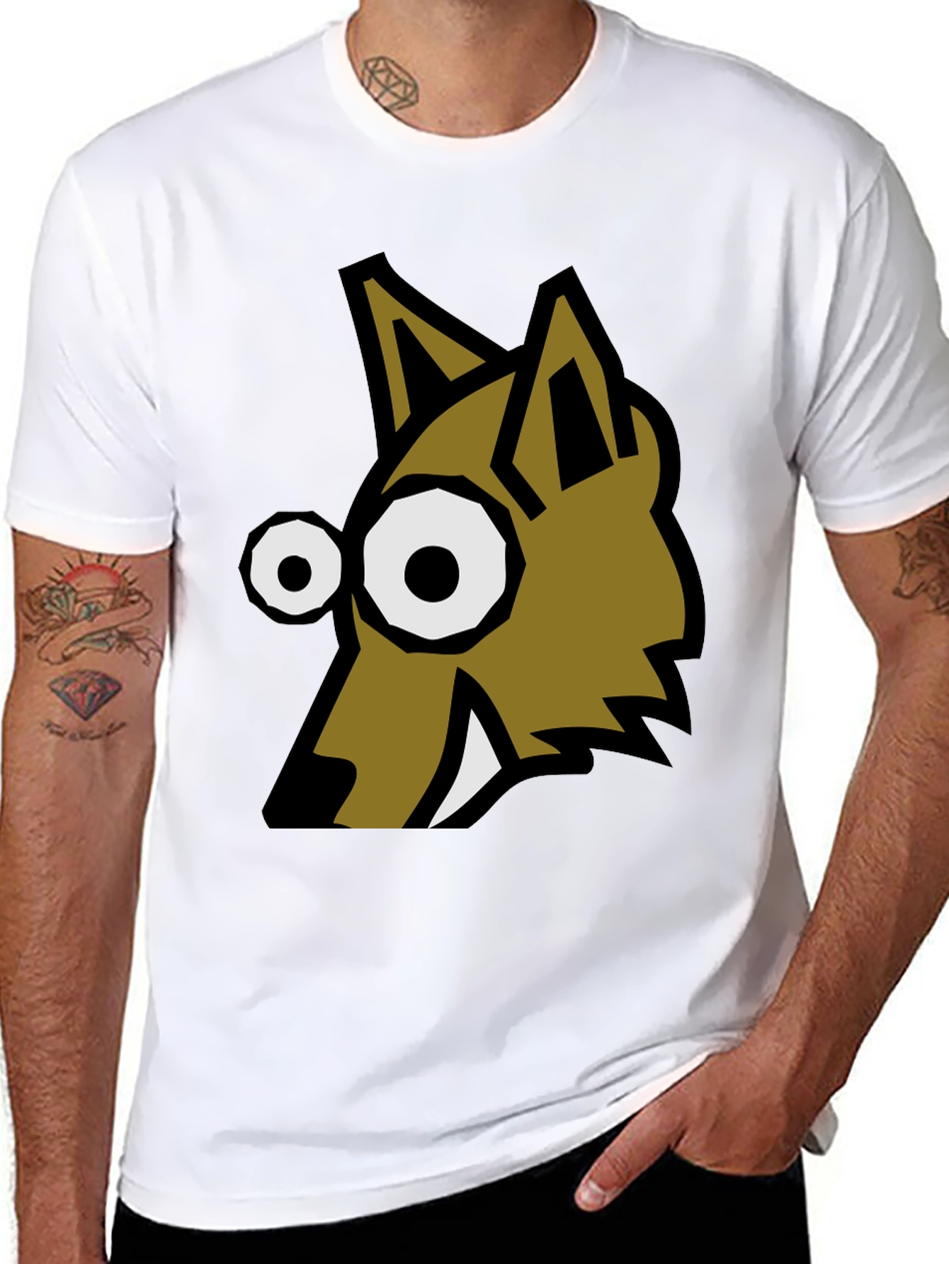 Cartoon Wolf Graphic Tee - Black Crew Neck T-Shirt