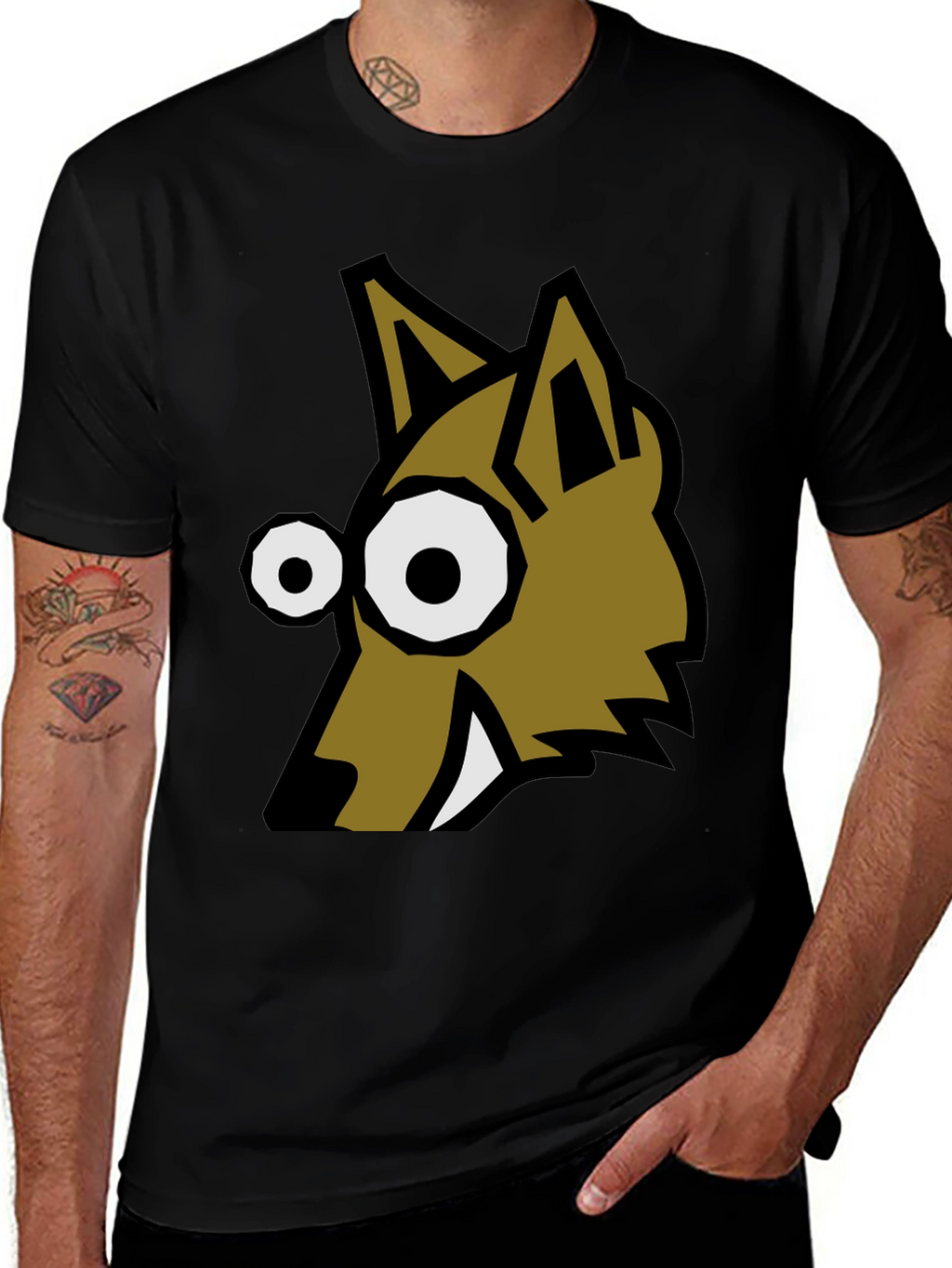 Cartoon Wolf Graphic Tee - Black Crew Neck T-Shirt