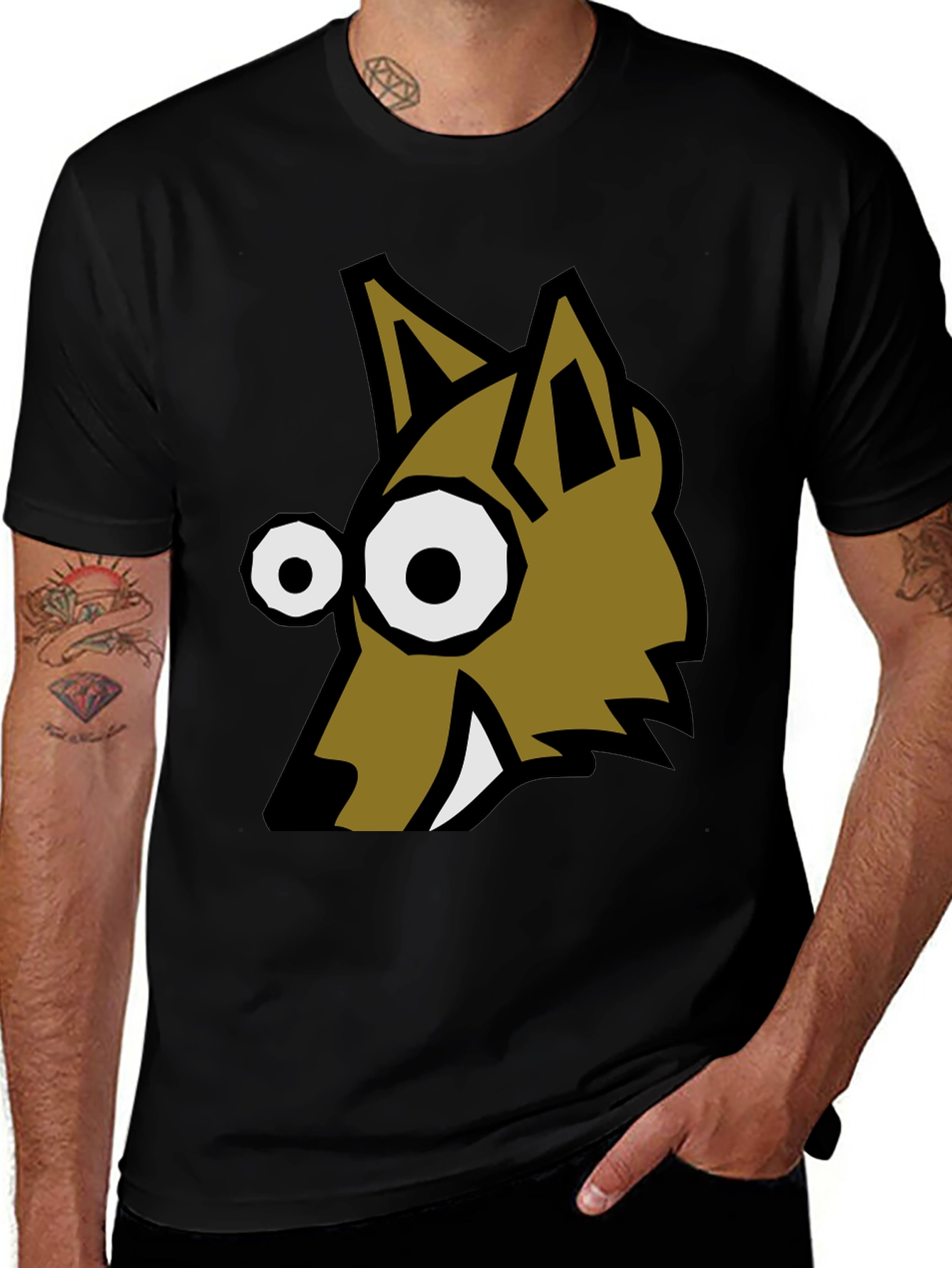 Cartoon Wolf Graphic Tee - Black Crew Neck T-Shirt