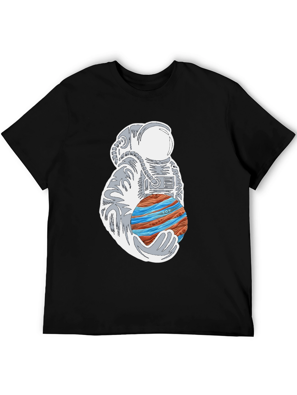 Astronaut Holding Planet Graphic Tee - Black Cotton T-Shirt