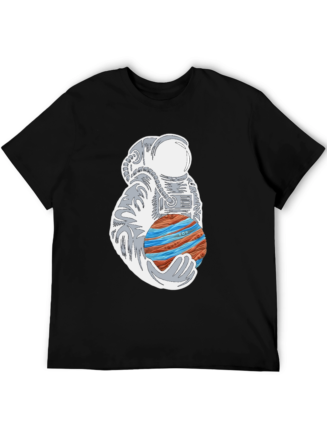 Astronaut Holding Planet Graphic Tee - Black Cotton T-Shirt