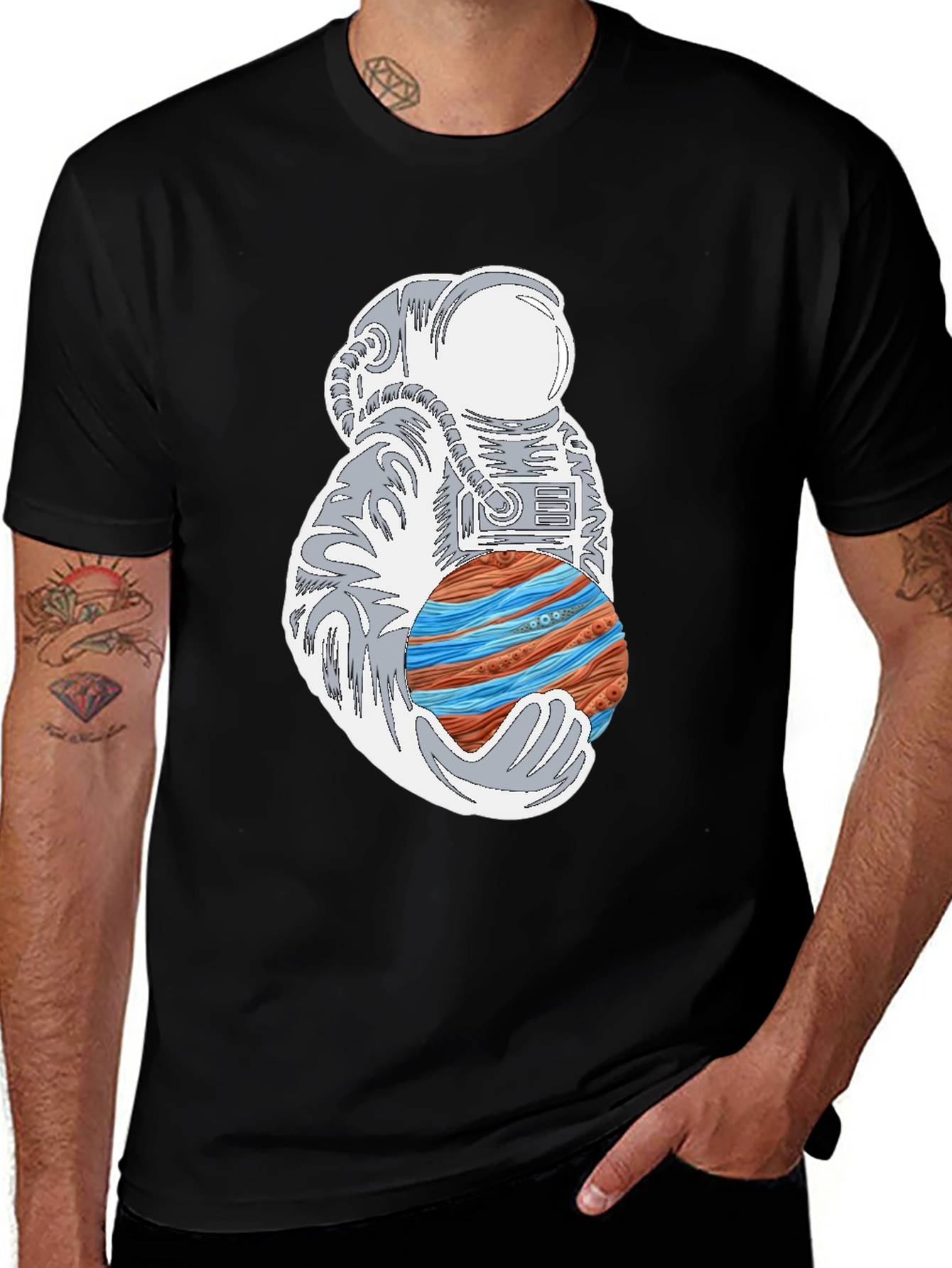 Astronaut Holding Planet Graphic Tee - Black Cotton T-Shirt