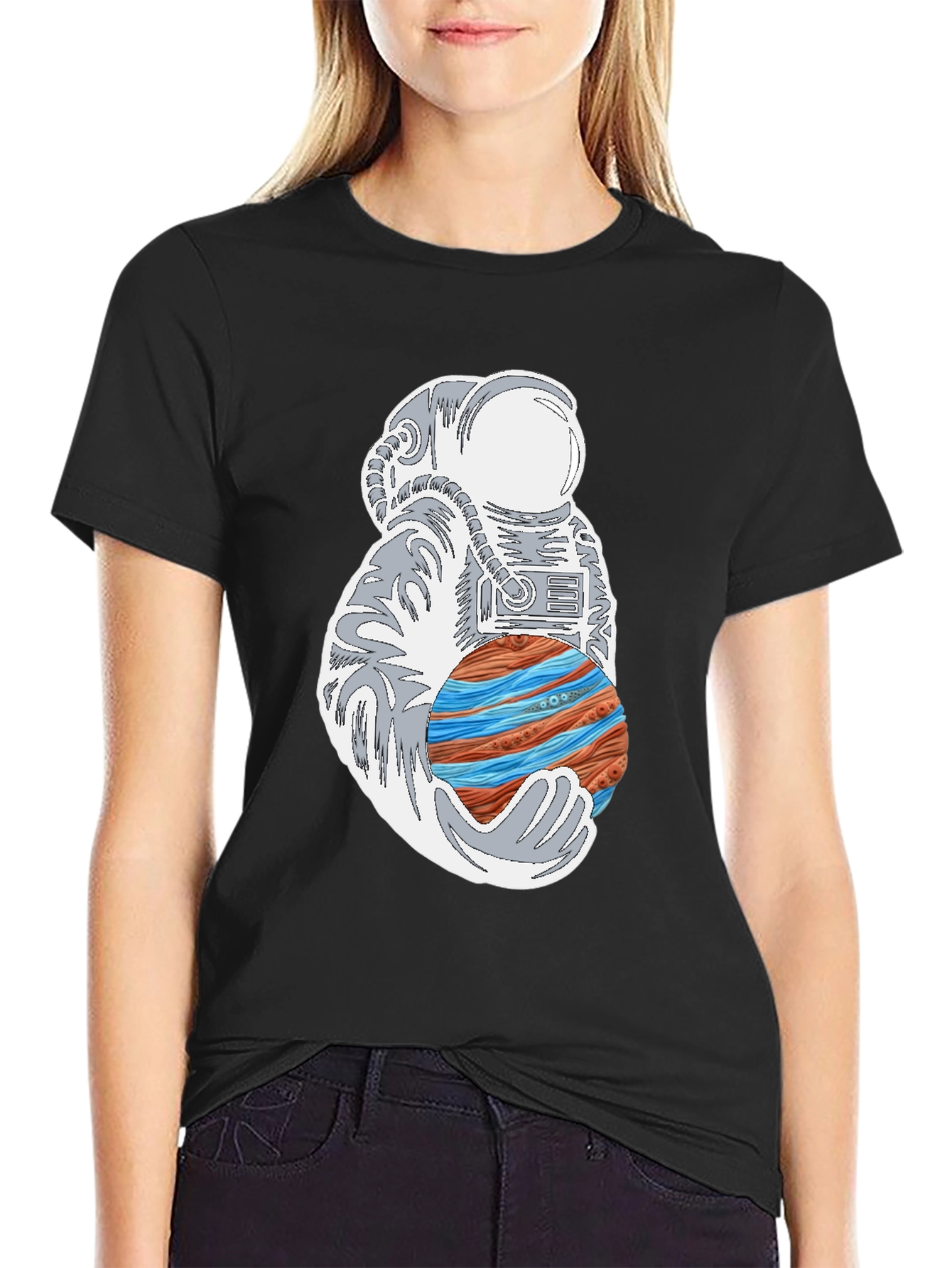 Astronaut Holding Planet Graphic Tee - Black Cotton T-Shirt