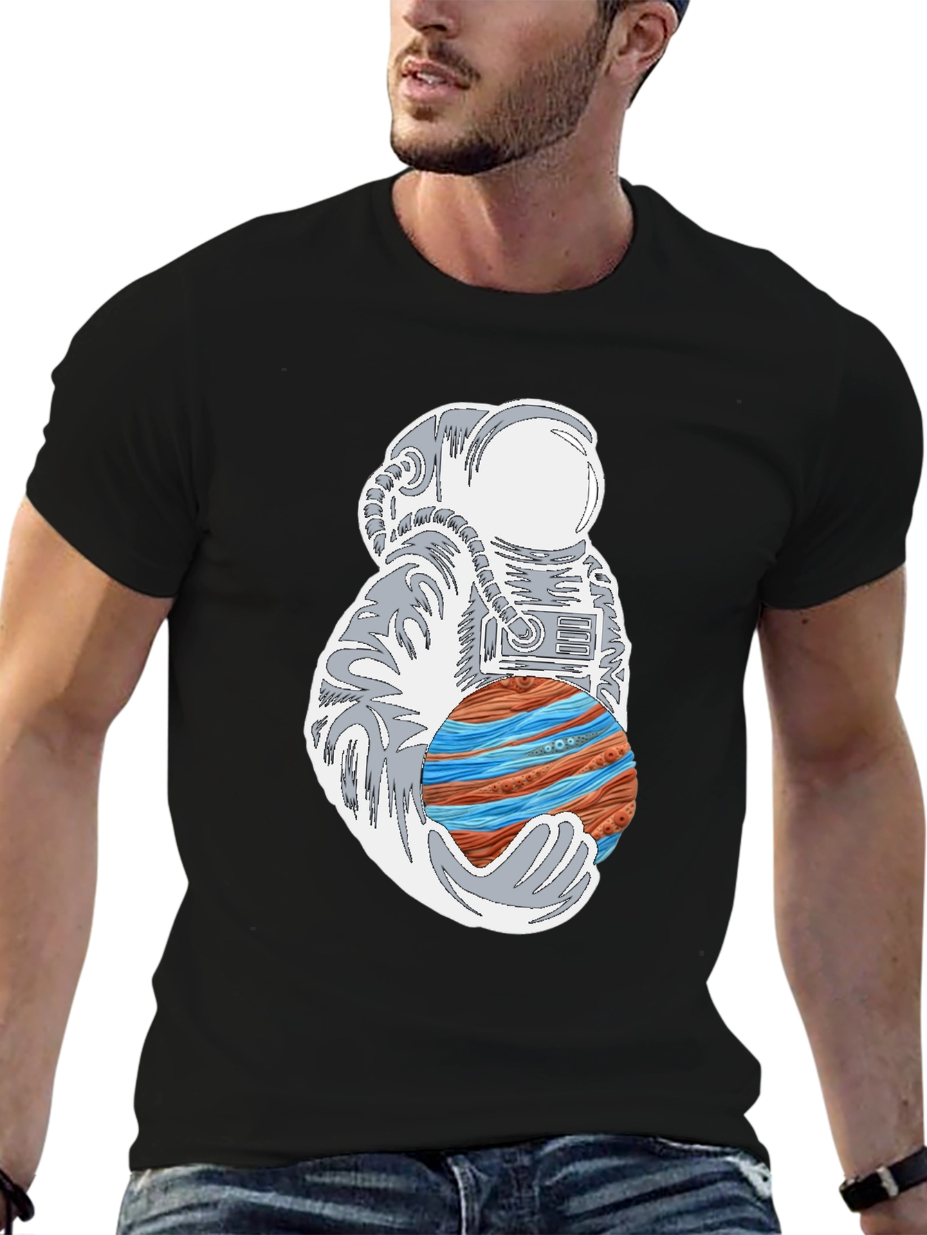 Astronaut Holding Planet Graphic Tee - Black Cotton T-Shirt