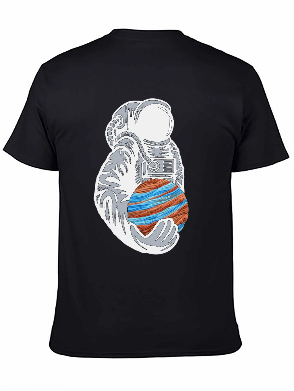 Astronaut Holding Planet Graphic Tee - Black Cotton T-Shirt