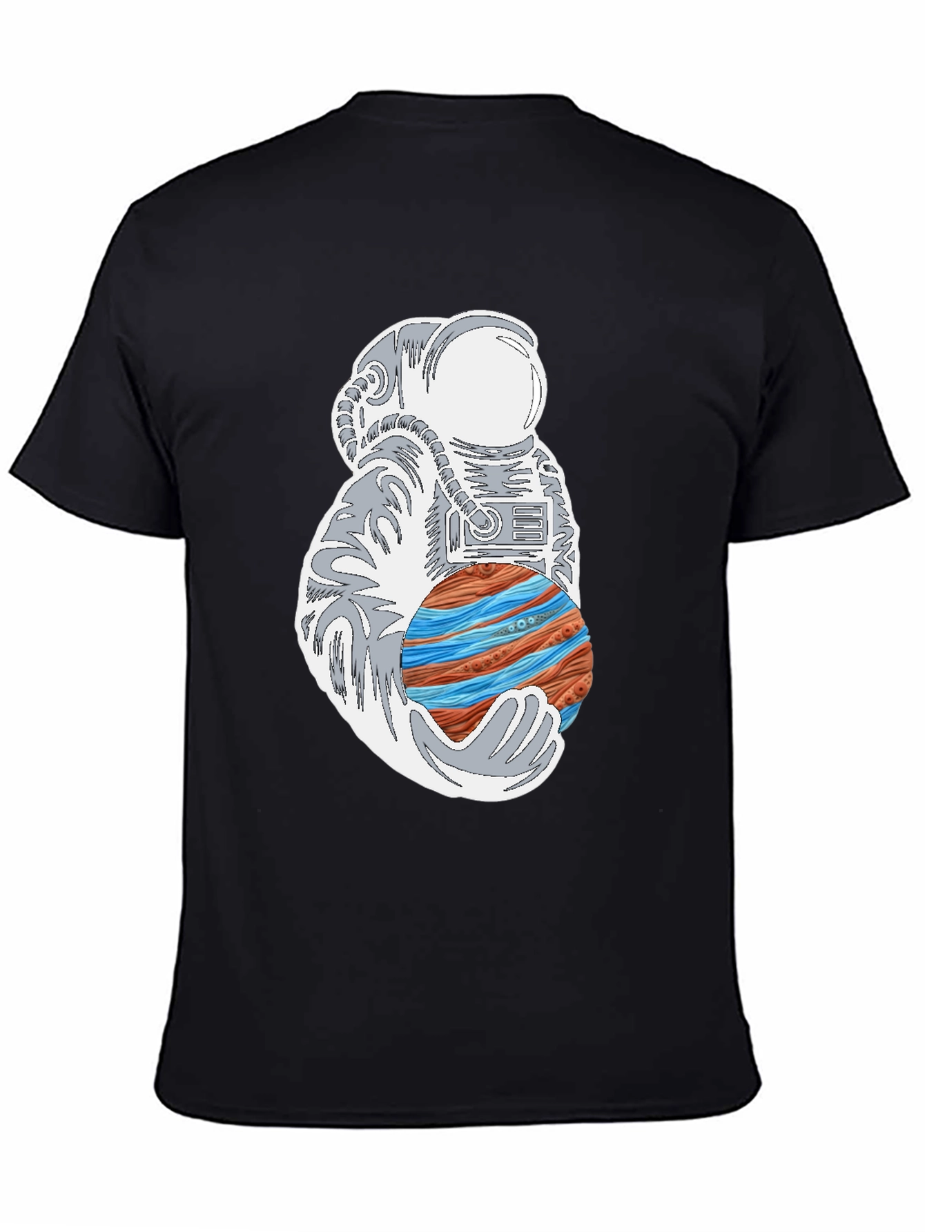 Astronaut Holding Planet Graphic Tee - Black Cotton T-Shirt