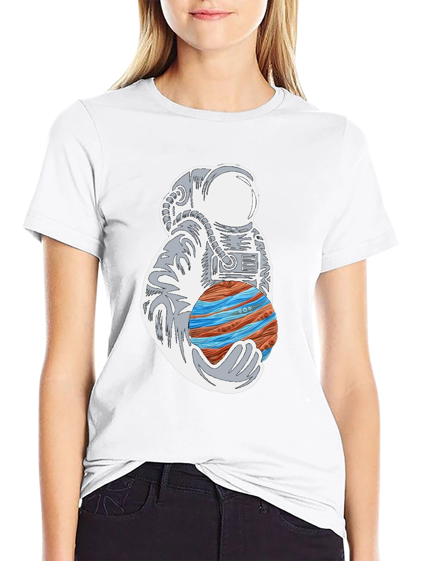 Astronaut Holding Planet Graphic Tee - Black Cotton T-Shirt