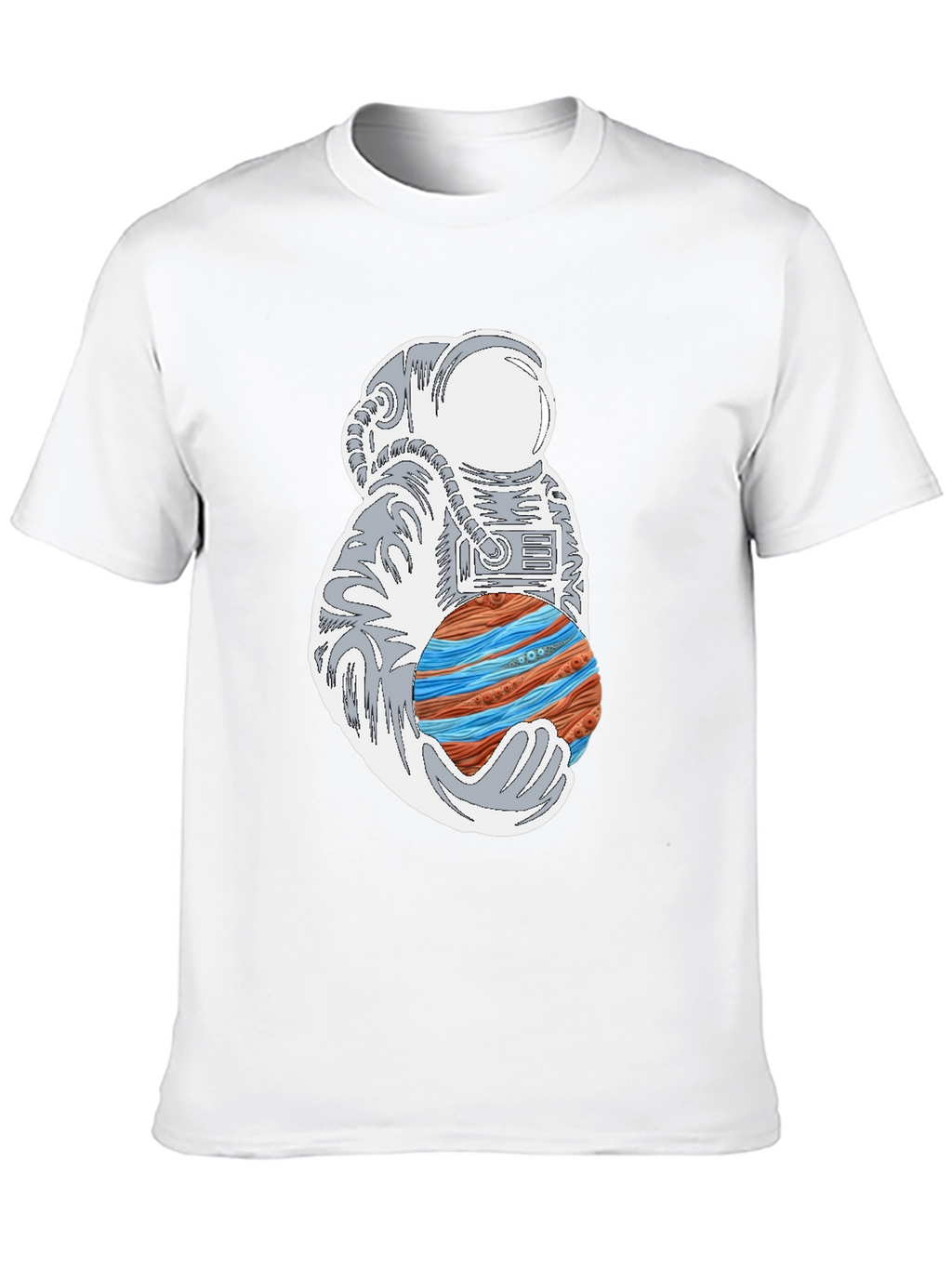 Astronaut Holding Planet Graphic Tee - Black Cotton T-Shirt