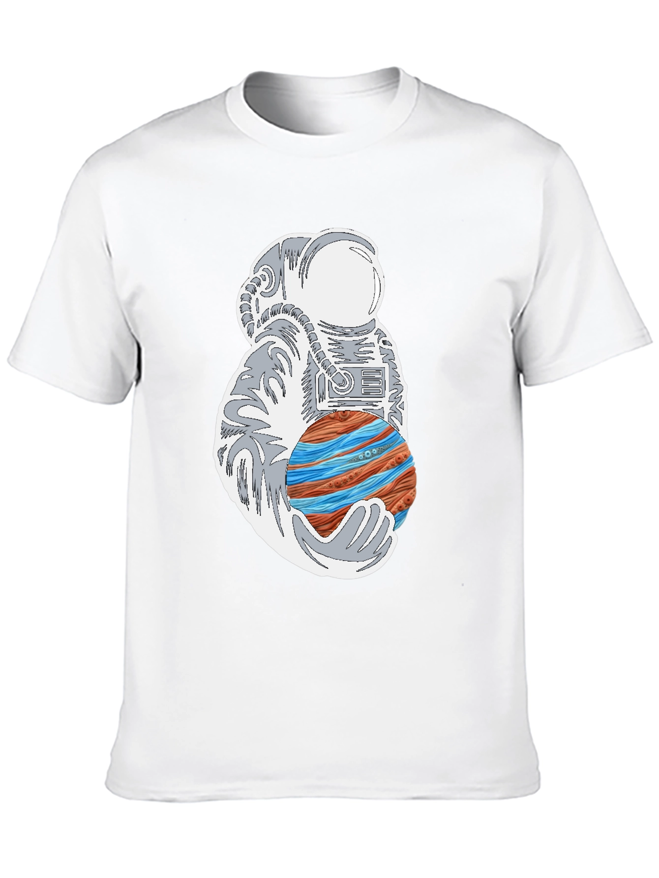 Astronaut Holding Planet Graphic Tee - Black Cotton T-Shirt