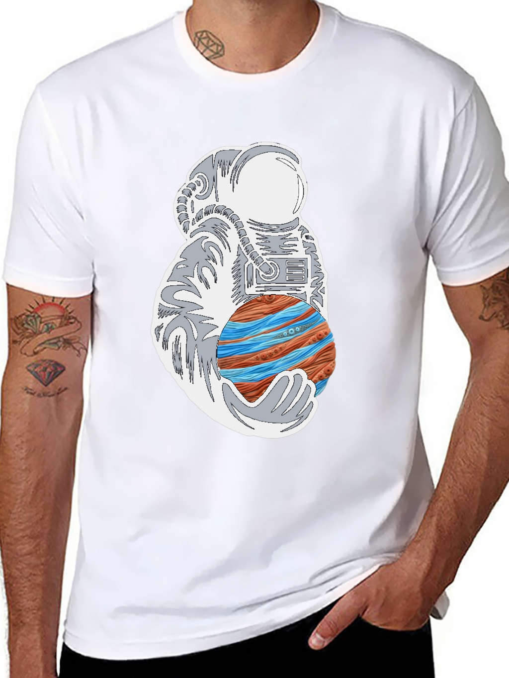Astronaut Holding Planet Graphic Tee - Black Cotton T-Shirt