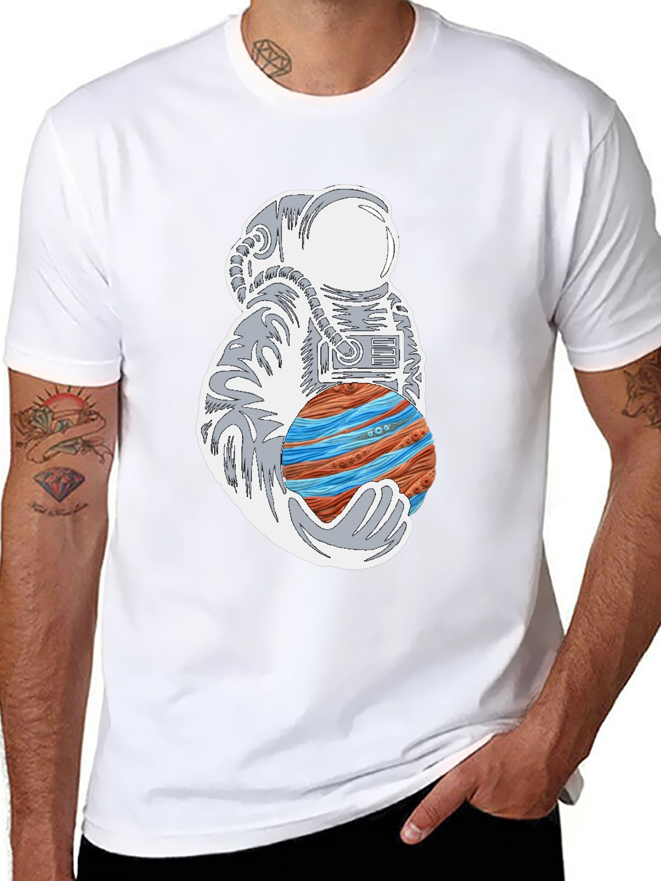 Astronaut Holding Planet Graphic Tee - Black Cotton T-Shirt