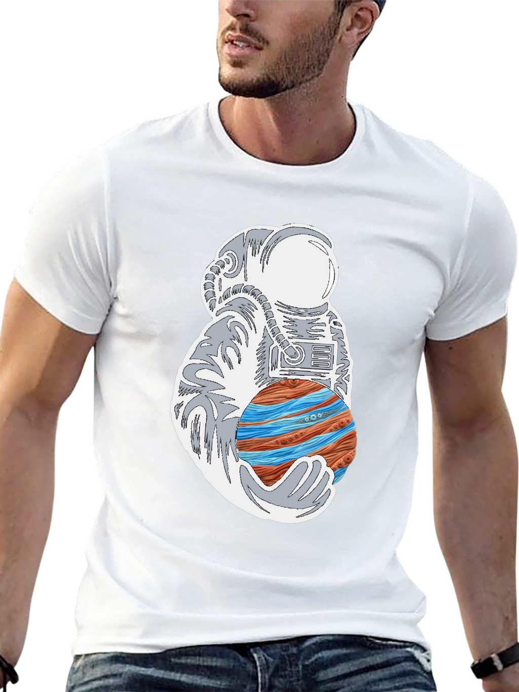 Astronaut Holding Planet Graphic Tee - Black Cotton T-Shirt