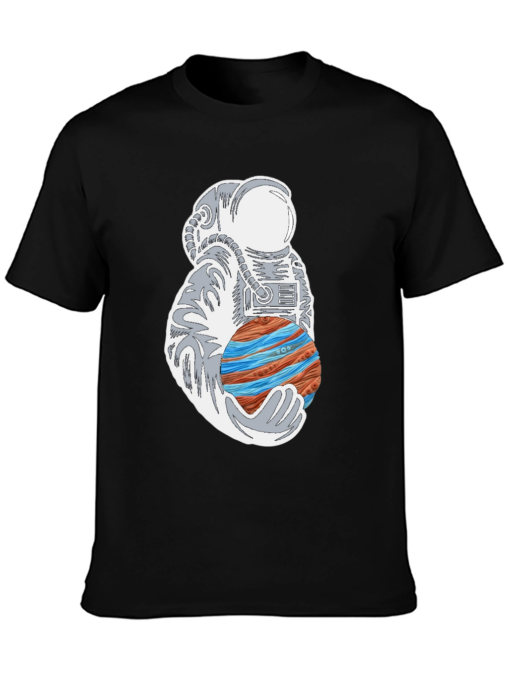 Astronaut Holding Planet Graphic Tee - Black Cotton T-Shirt