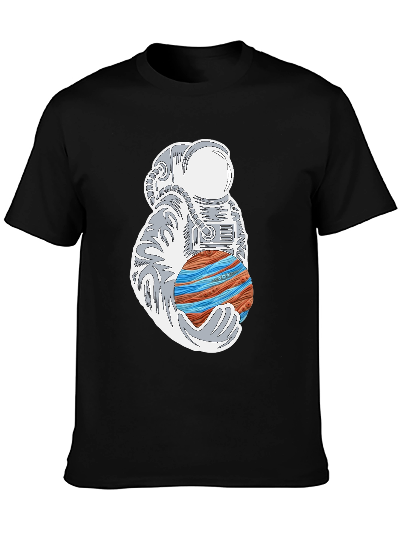 Astronaut Holding Planet Graphic Tee - Black Cotton T-Shirt