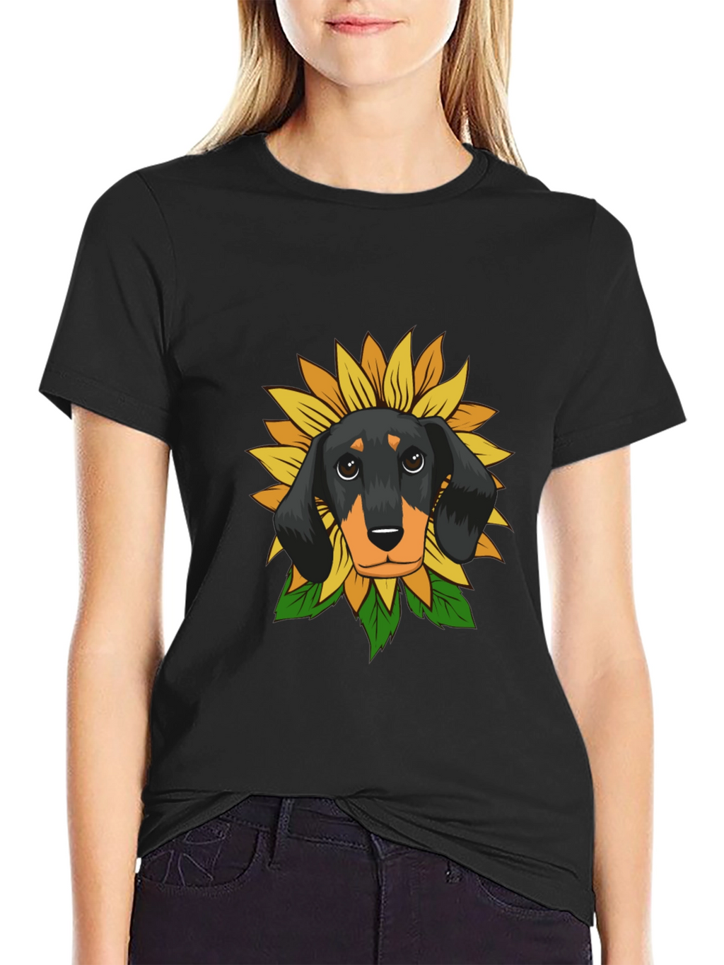 Dachshund Sunflower Graphic Tee - Black Cotton Comfort