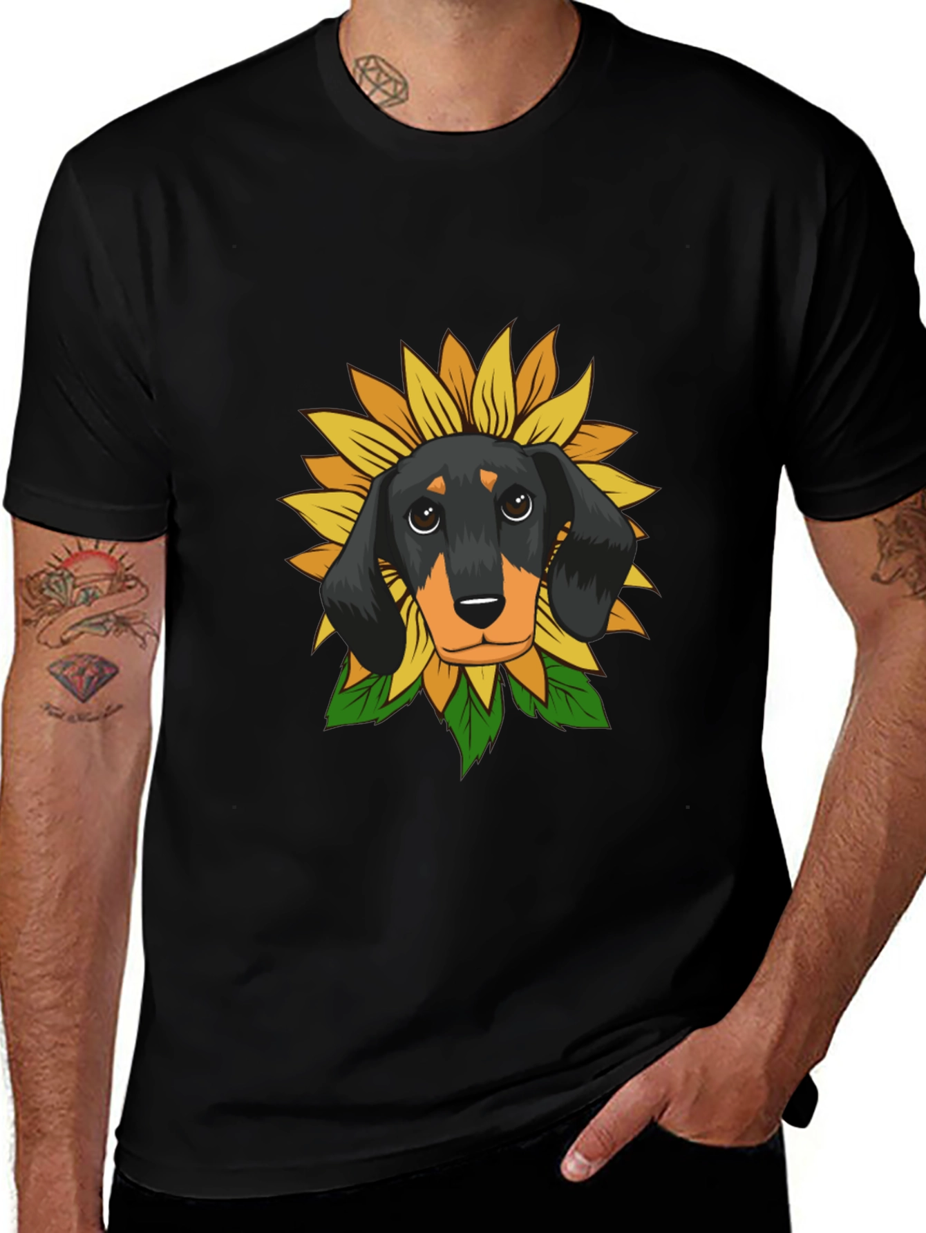 Dachshund Sunflower Graphic Tee - Black Cotton Comfort