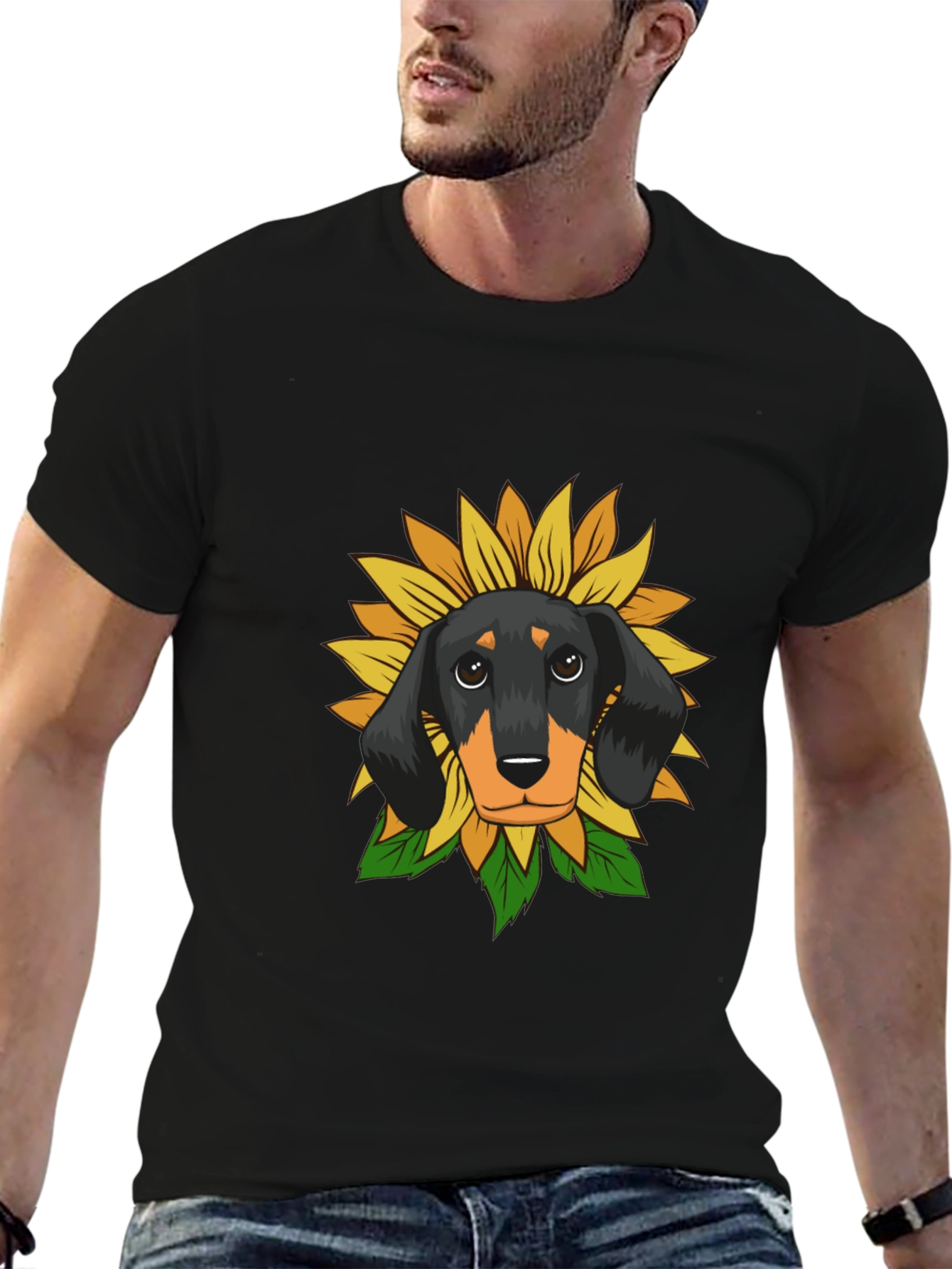 Dachshund Sunflower Graphic Tee - Black Cotton Comfort