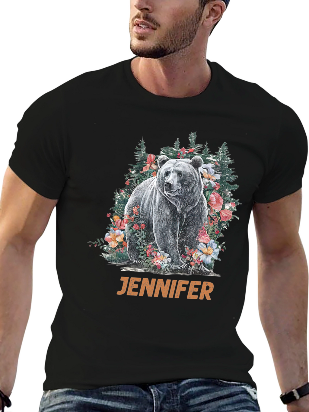 Bear & Floral T-Shirt - Personalized Name