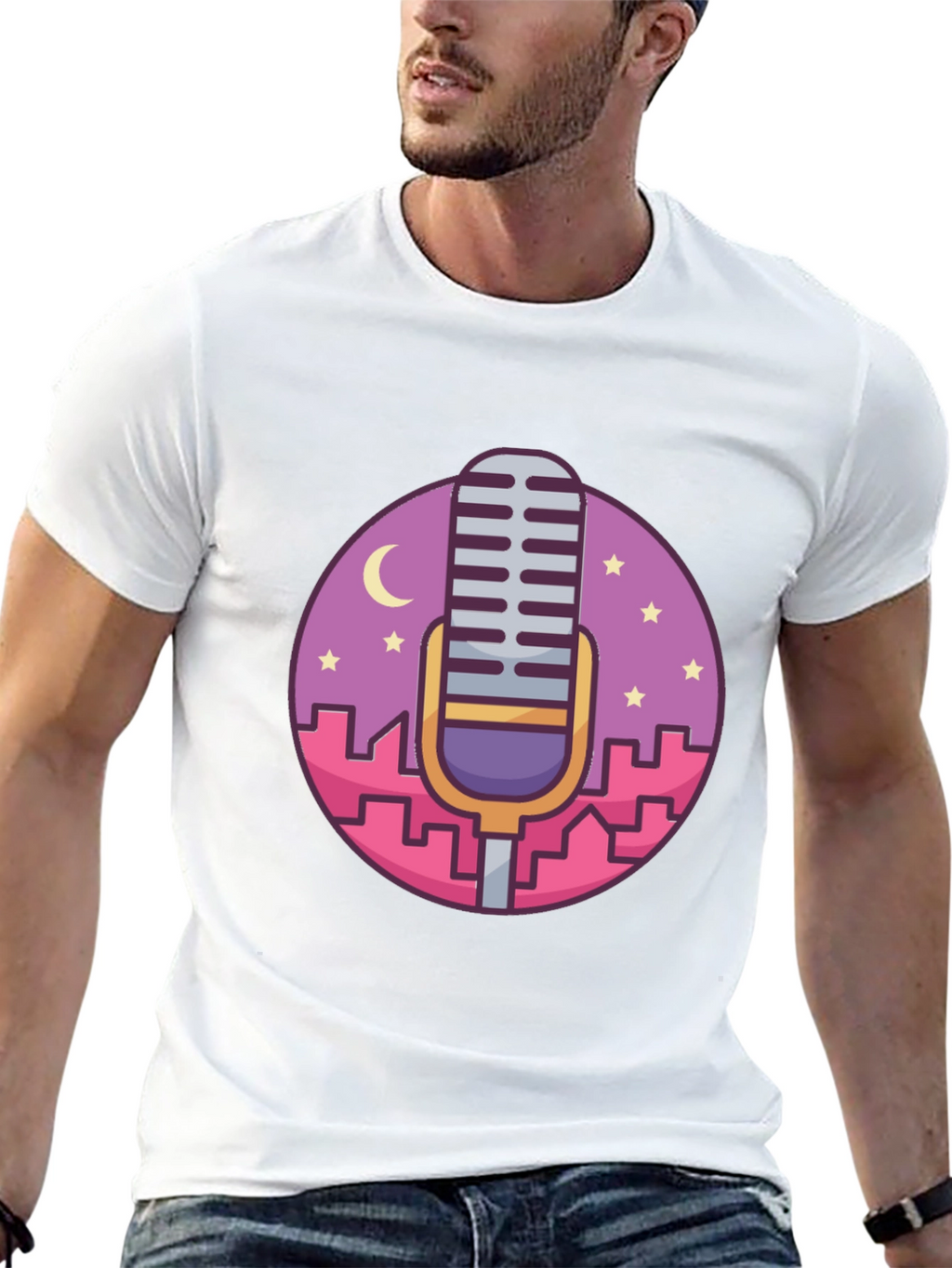 Retro Microphone Cityscape Graphic Tee
