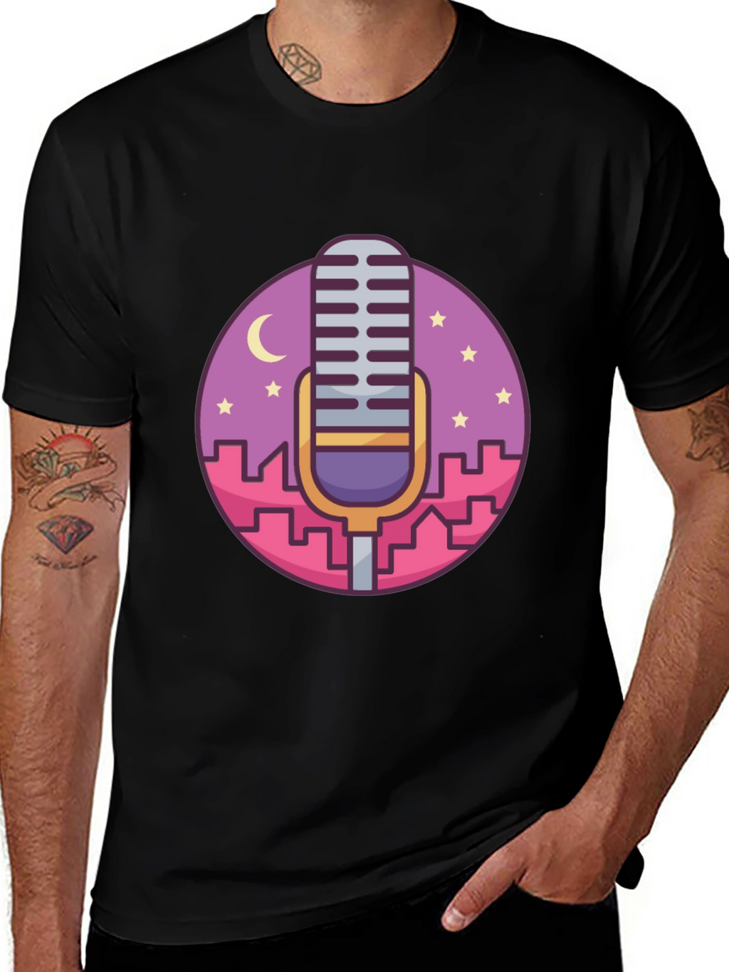 Retro Microphone Cityscape Graphic Tee