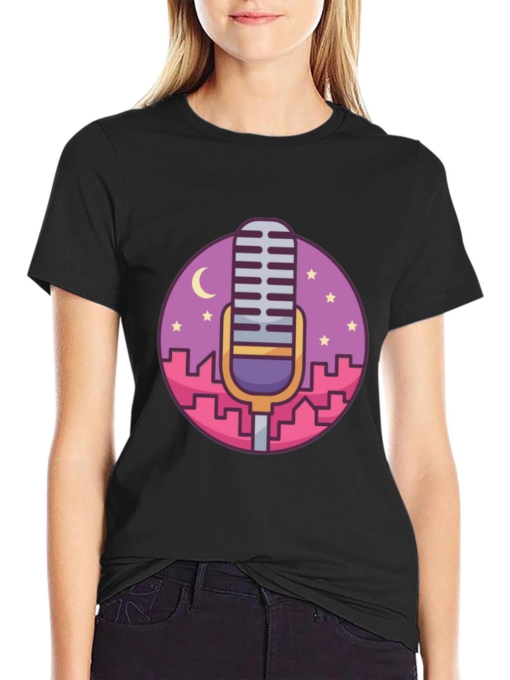 Retro Microphone Cityscape Graphic Tee