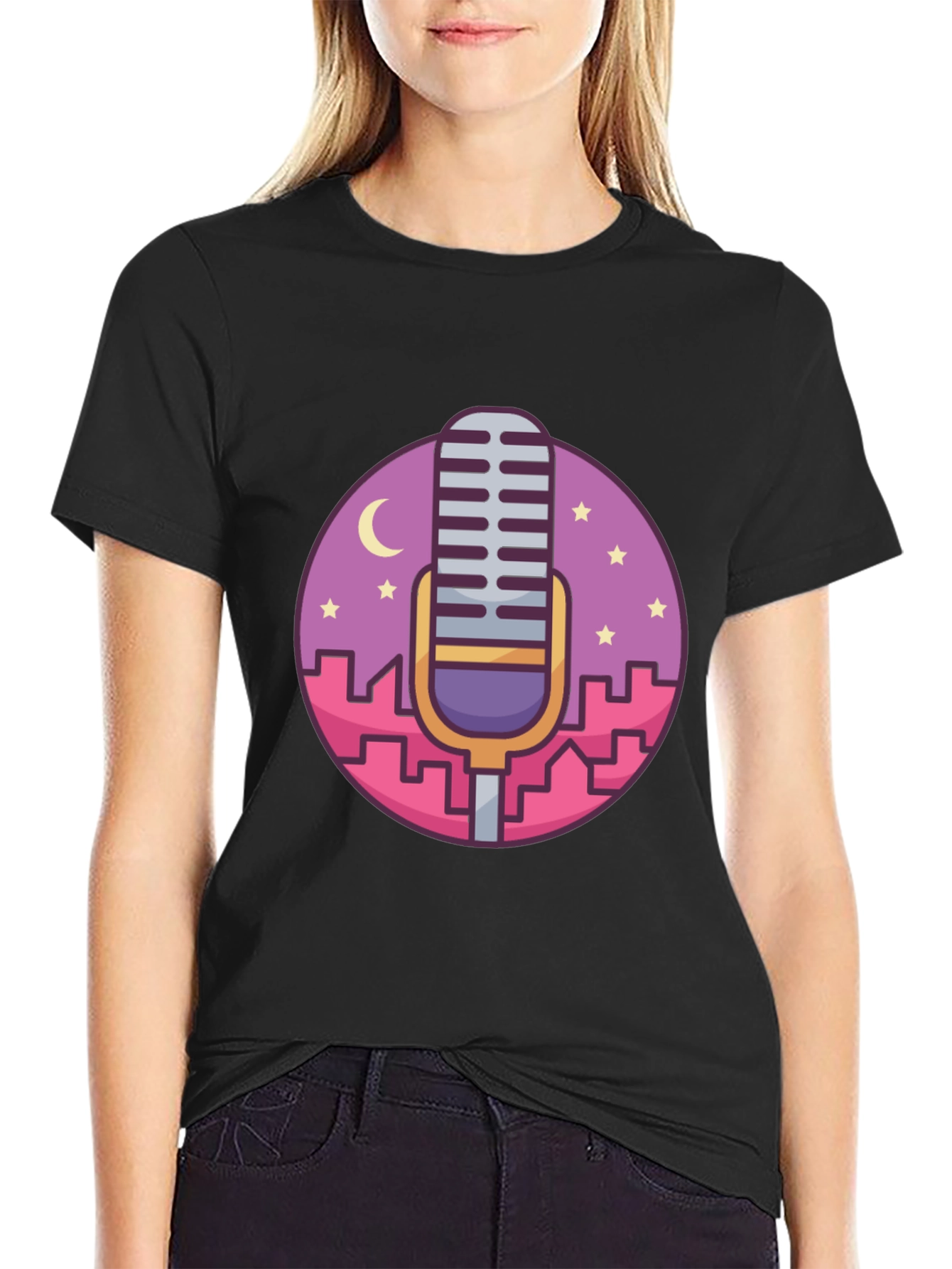 Retro Microphone Cityscape Graphic Tee