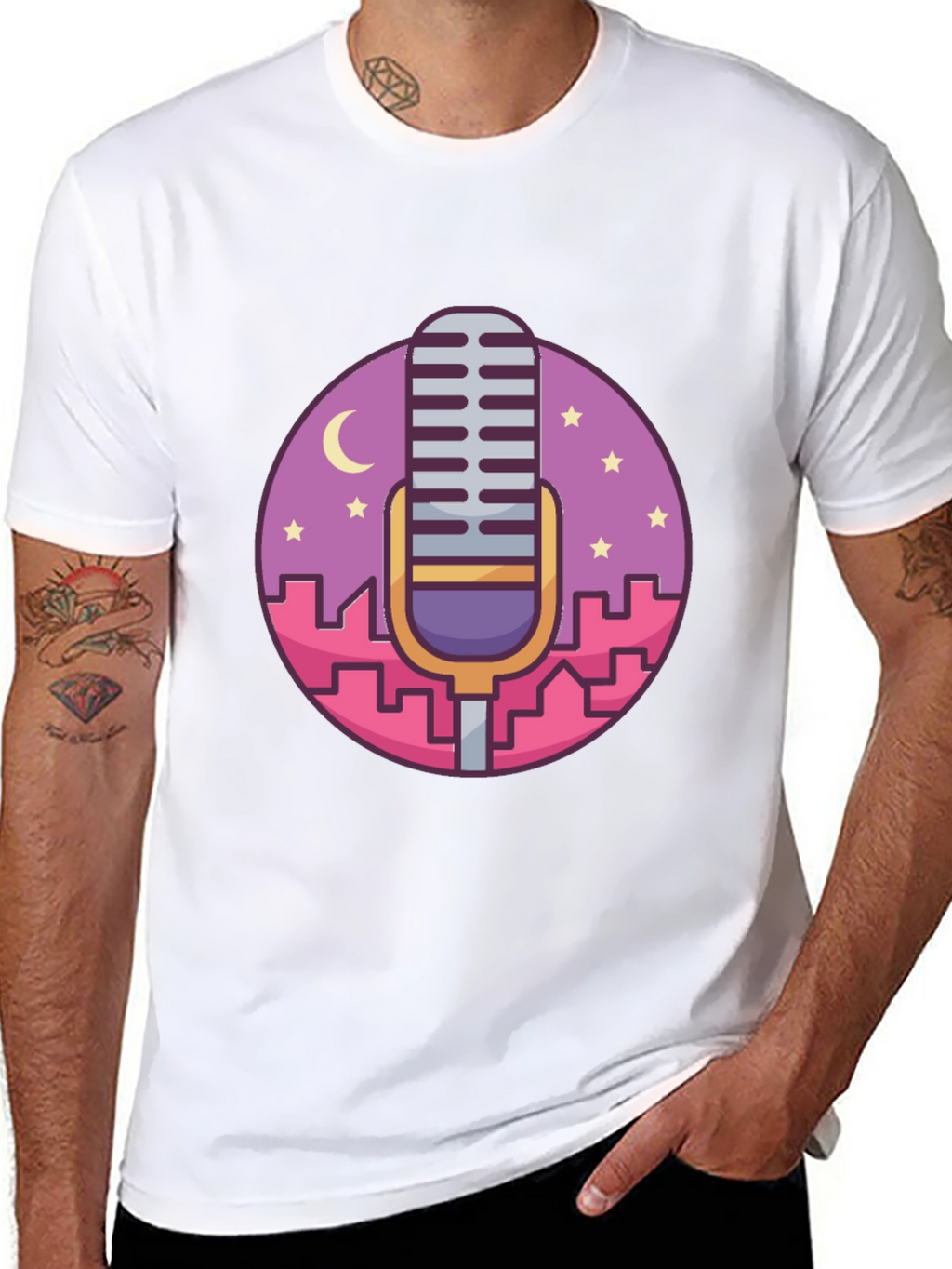 Retro Microphone Cityscape Graphic Tee