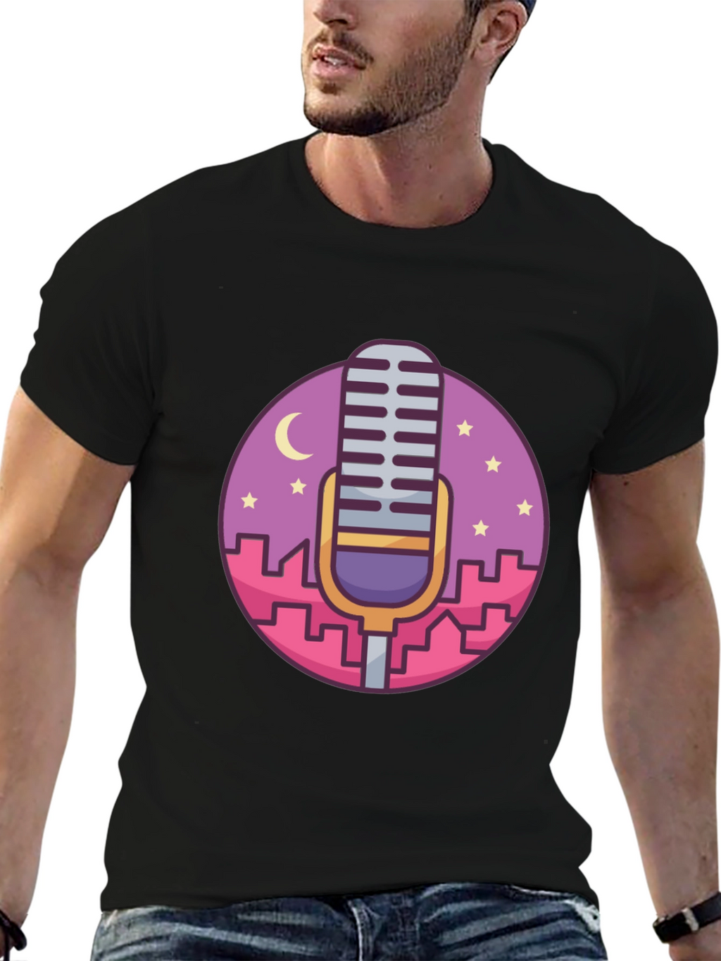 Retro Microphone Cityscape Graphic Tee