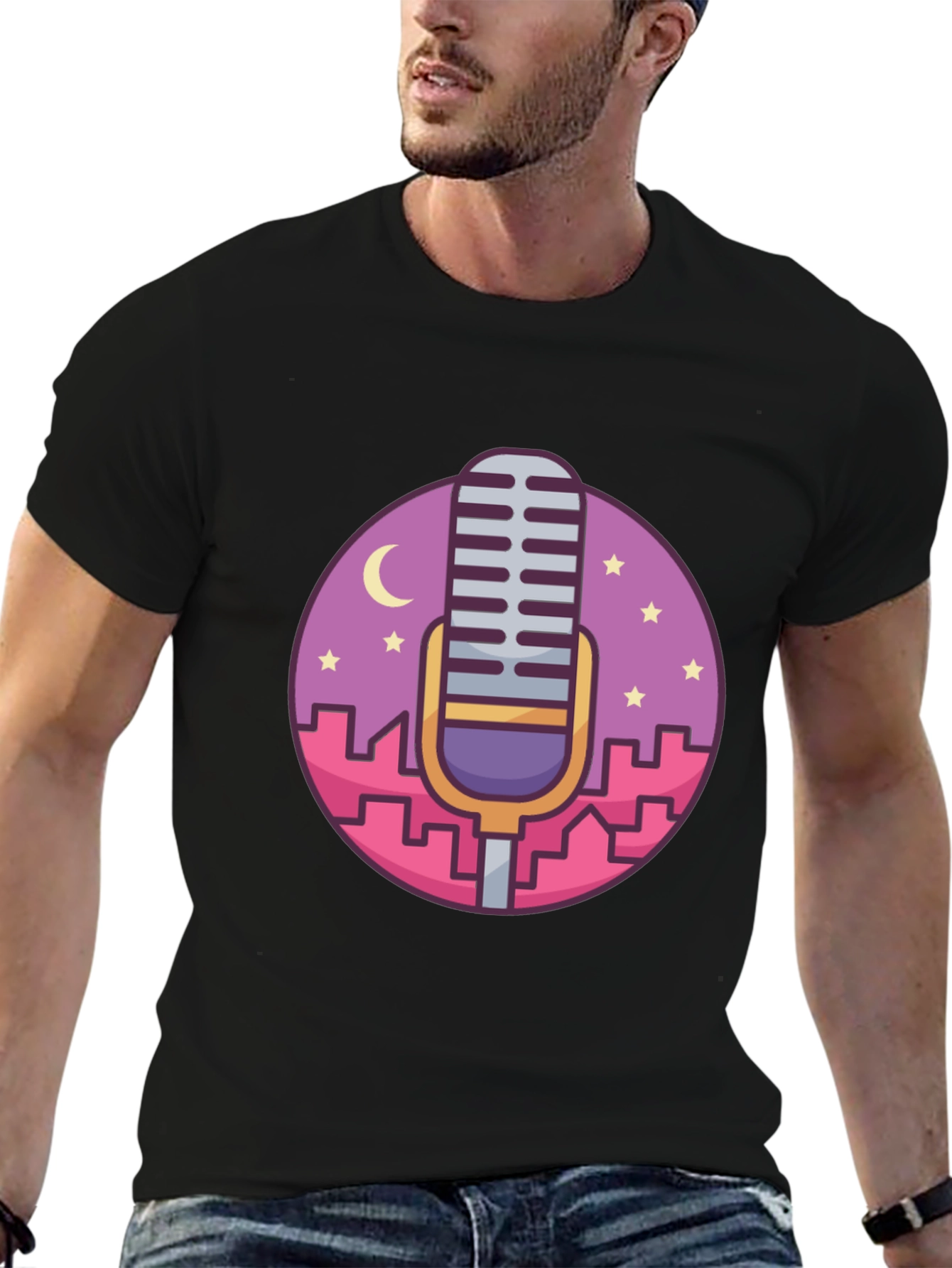 Retro Microphone Cityscape Graphic Tee