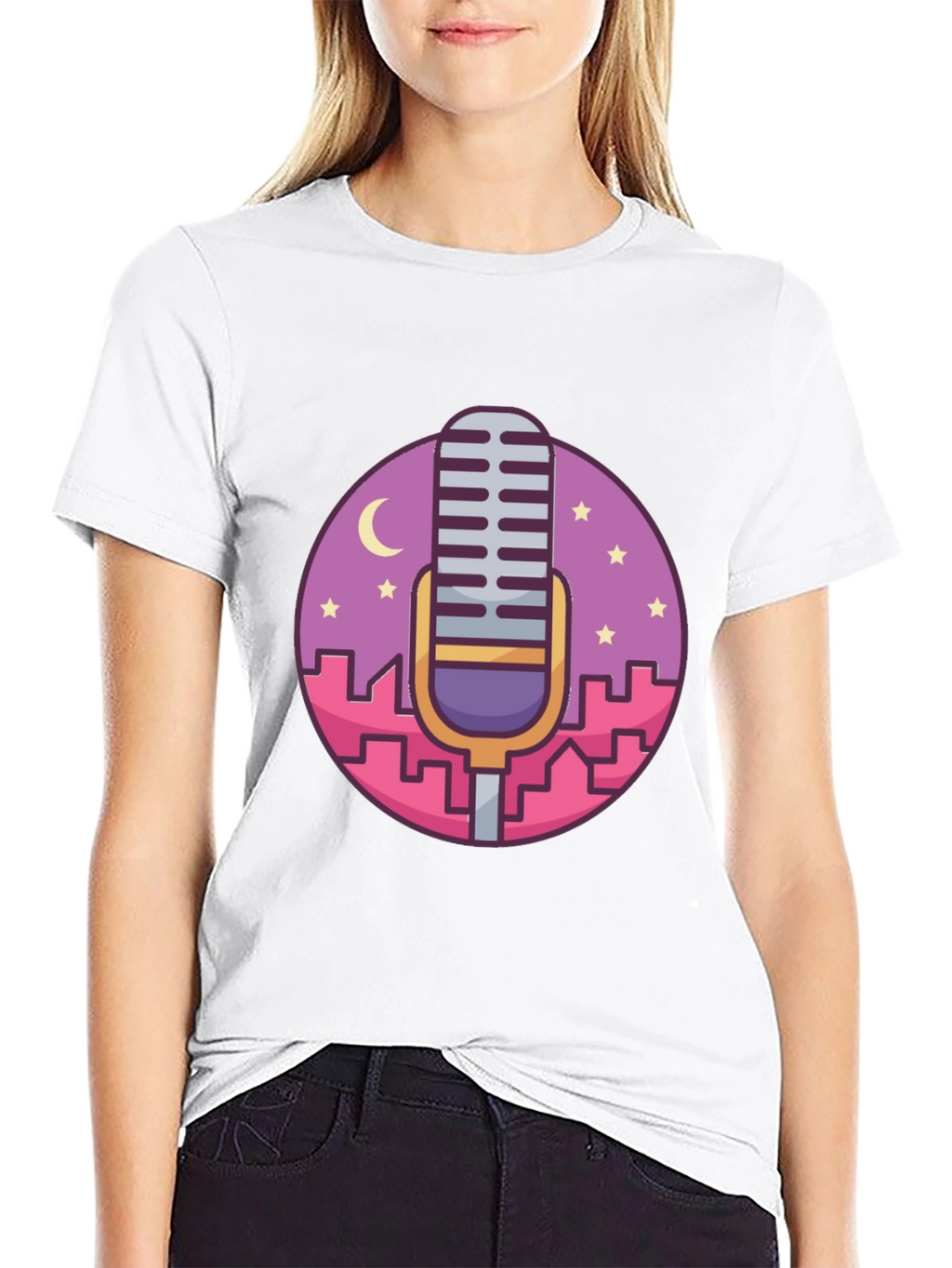 Retro Microphone Cityscape Graphic Tee