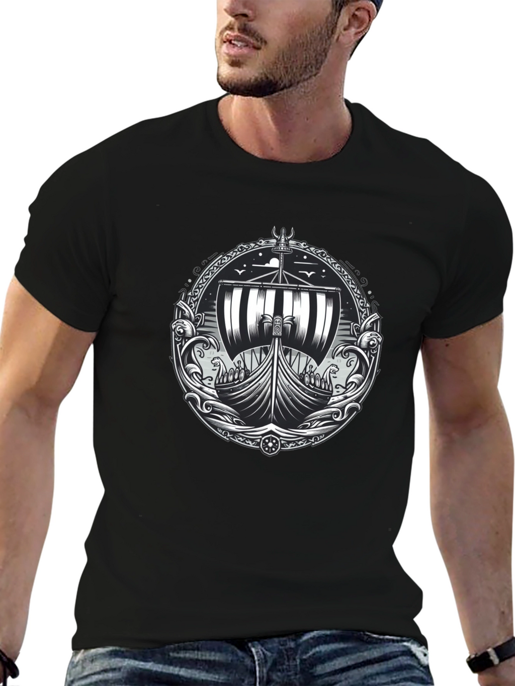 Viking Ship Graphic Tee - Black