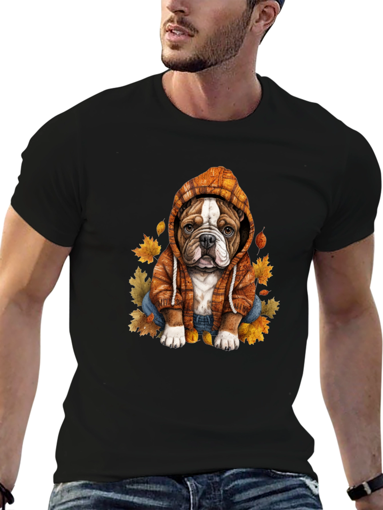 Bulldog Hoodie T-Shirt Autumn Leaves Cute Dog Tee