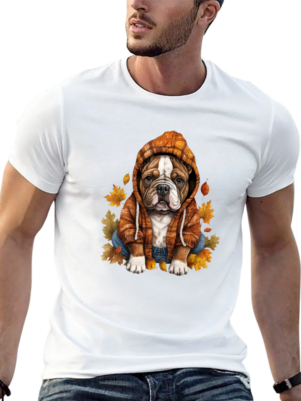 Bulldog Hoodie T-Shirt Autumn Leaves Cute Dog Tee