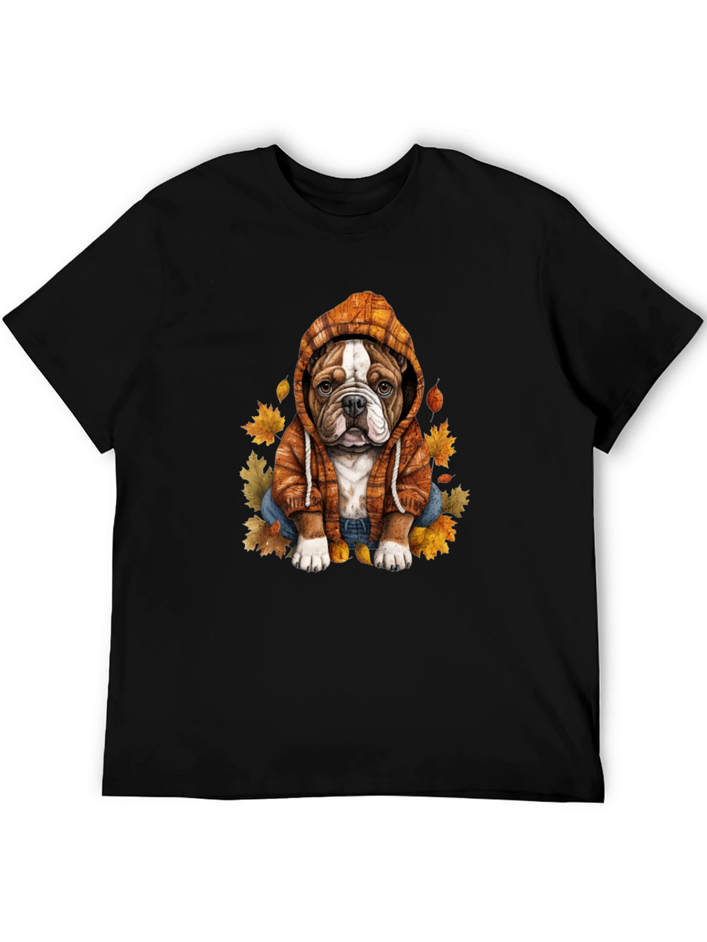 Bulldog Hoodie T-Shirt Autumn Leaves Cute Dog Tee