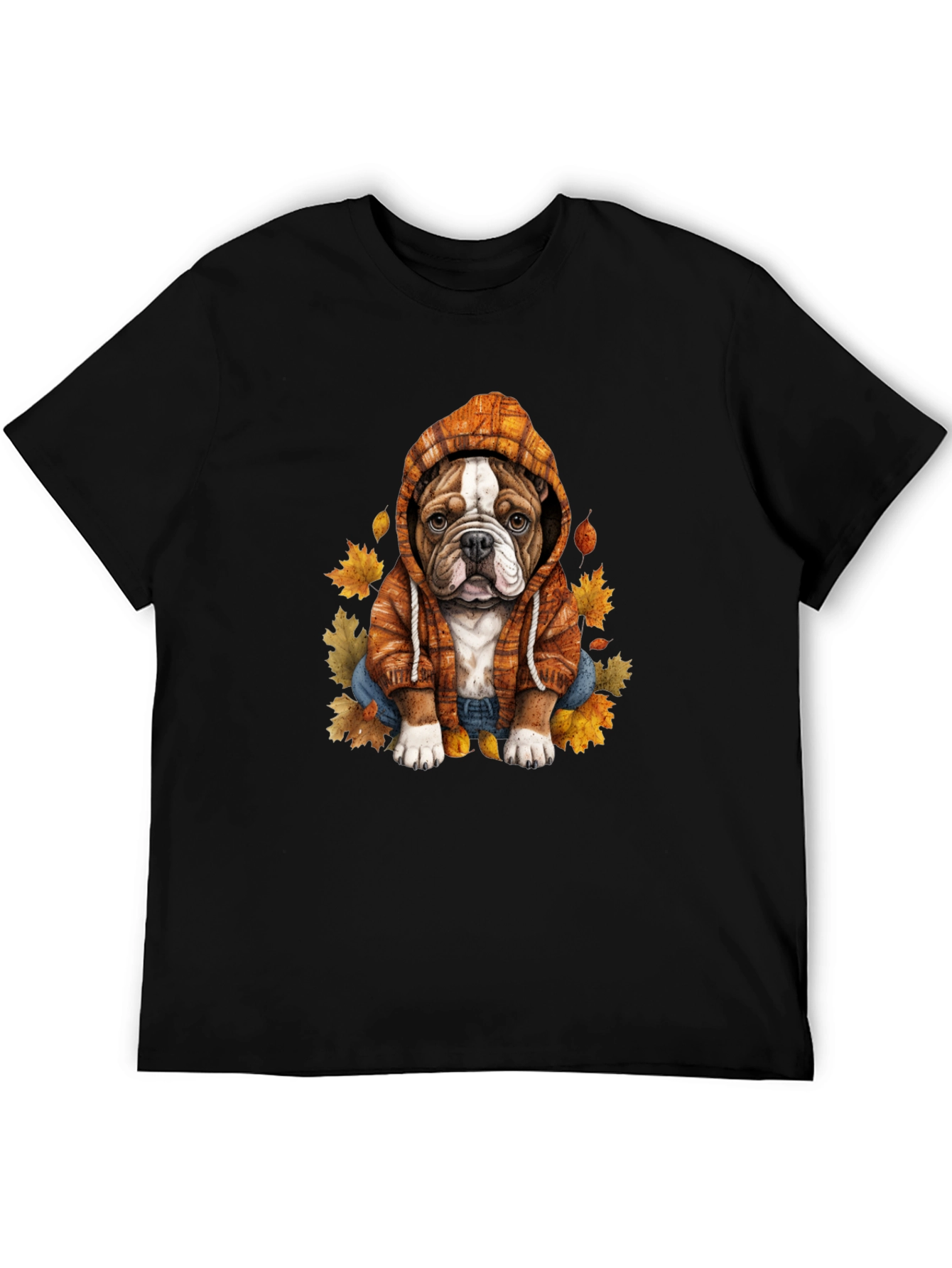 Bulldog Hoodie T-Shirt Autumn Leaves Cute Dog Tee